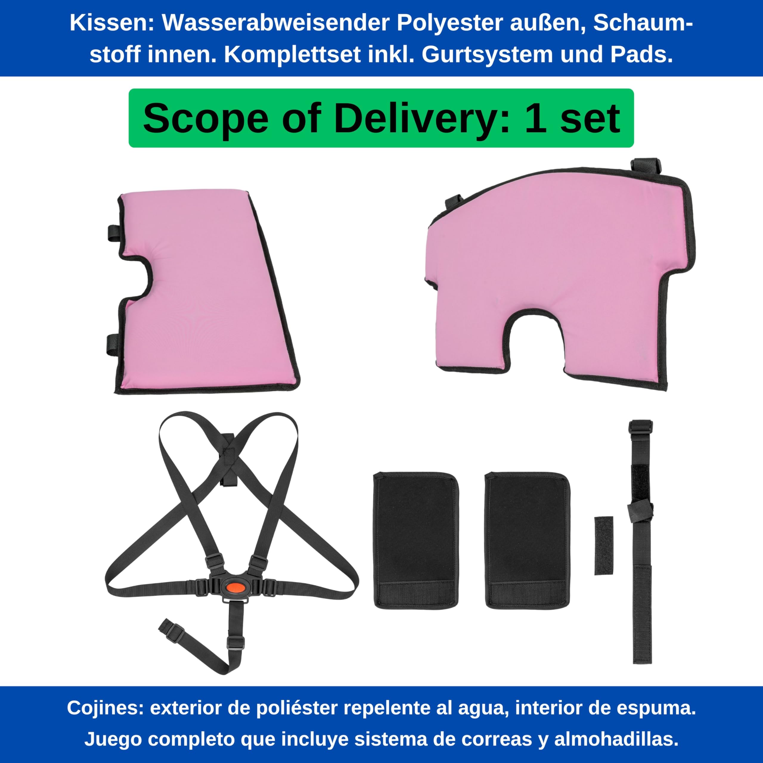 Set di cuscini e imbracature per seggiolone universale, 6 pezzi, cuscino rosa, imbracatura a 5 punti nera, set completo di seggiolone in legno per bambini con cuscino di seduta, imbracatura sicurezza