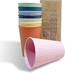 Wheat Straw Cups 8 Pcs 12 Oz Striped Drinking Cup Tumbler Set | Unbreakable Lightweight Dishwasher & Microwave Safe Eco-Friendly Dairy Use Cup for Milk Juice Water Bathroom Outdoor Camping