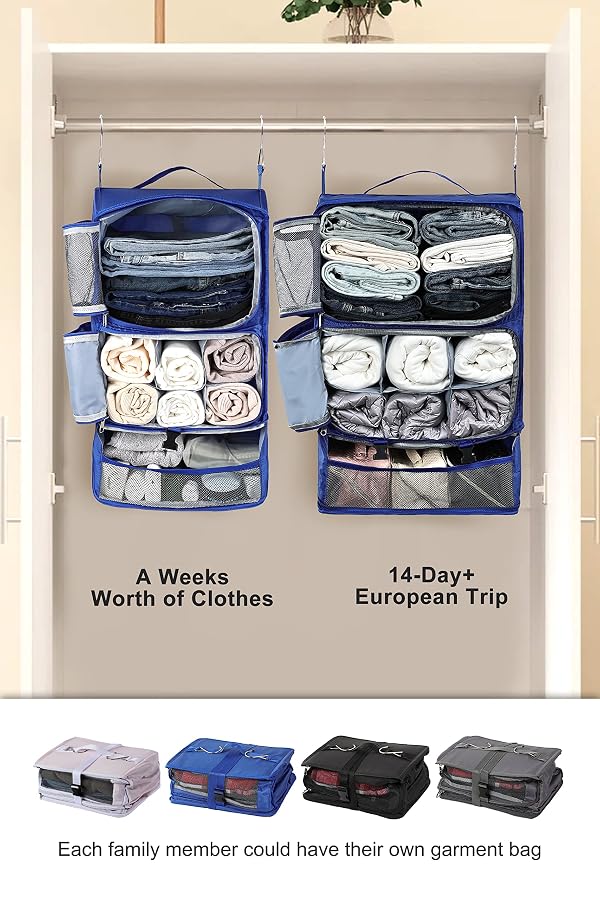ELEZAY Hanging Packing Cubes Portable Closet 3-Shelf Travel Collapsible Compression Garment Organizer for Carry-on Luggage Suitcase Space Saver Bag XX-Large_16*12 * 24 in, Blue by ELEZAY - Used condition - Image 6