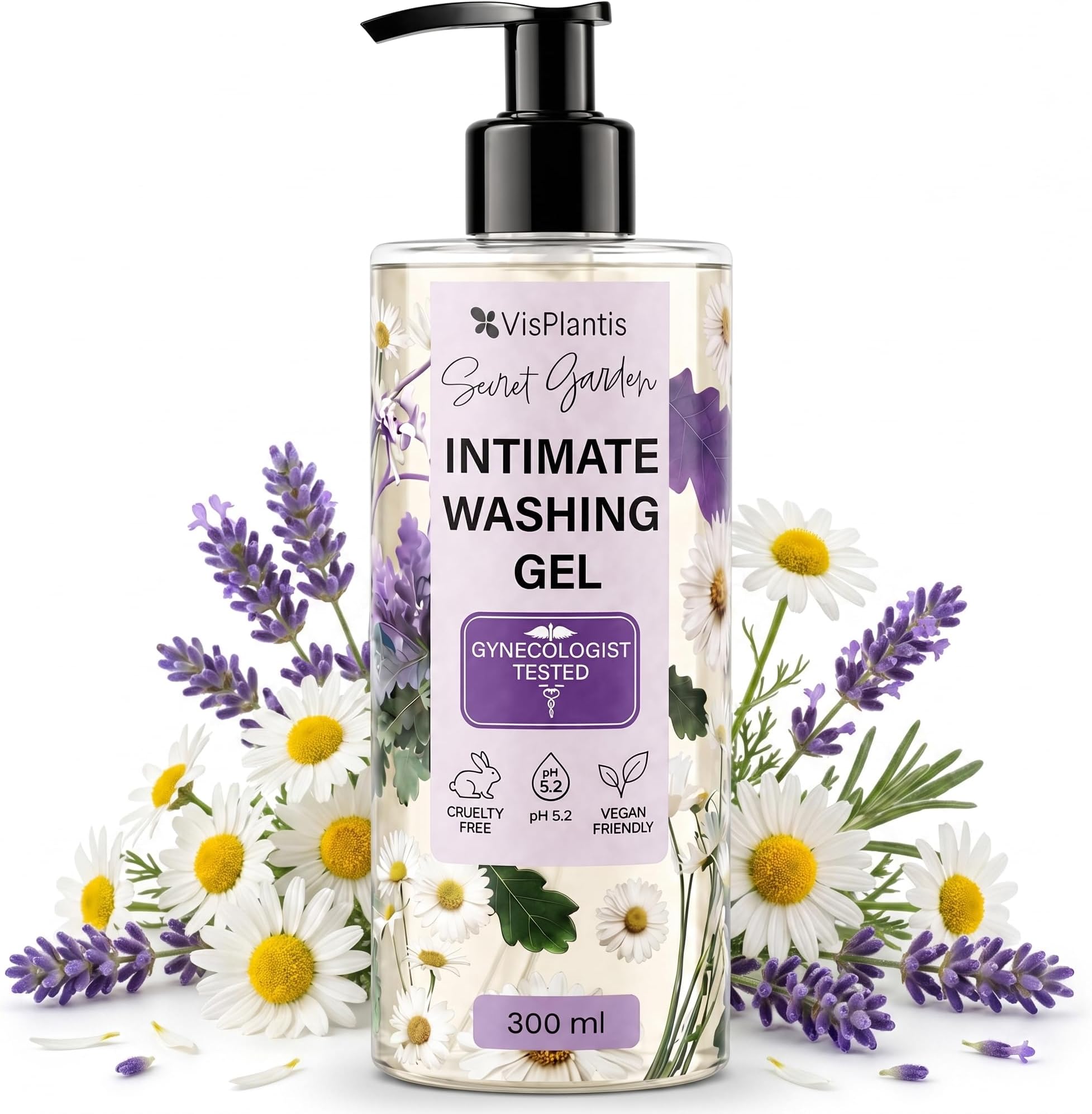 Vis Plantis Intimate Washing Gel for Women with Oak Bark & Chamomile - 300 ml Refreshing Feminine Wash Against Irritation & Redness - pH Balanced Vaginal Hygiene Odor Treatment for Sensitive Skin