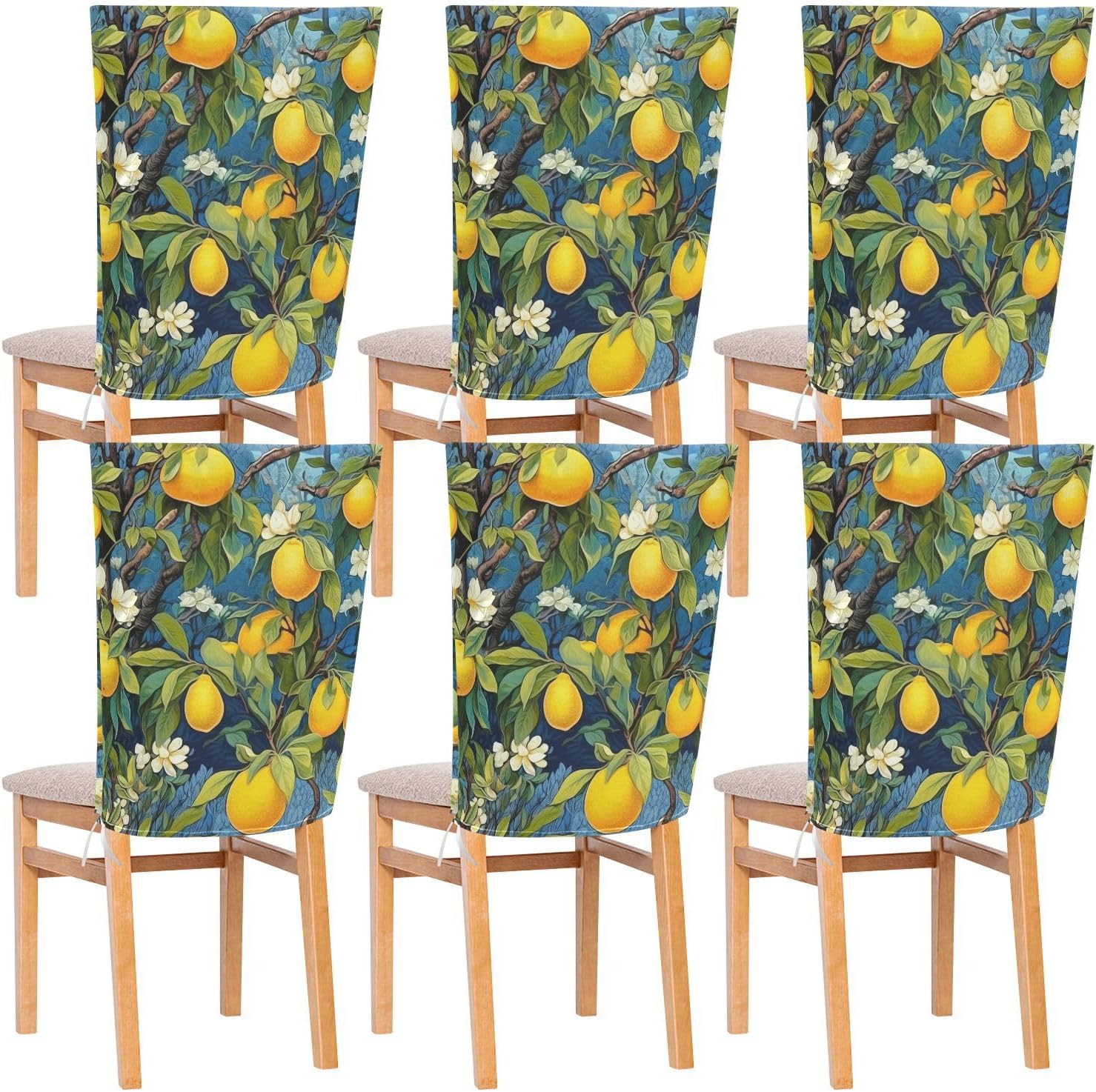 ALAZA Lemon Flowers on Blue Background Chair Back Cover Set of 6, Washable Reusable Removable Chair Slipcovers Decorative Chair Cover for Home Kitchen Wedding Party