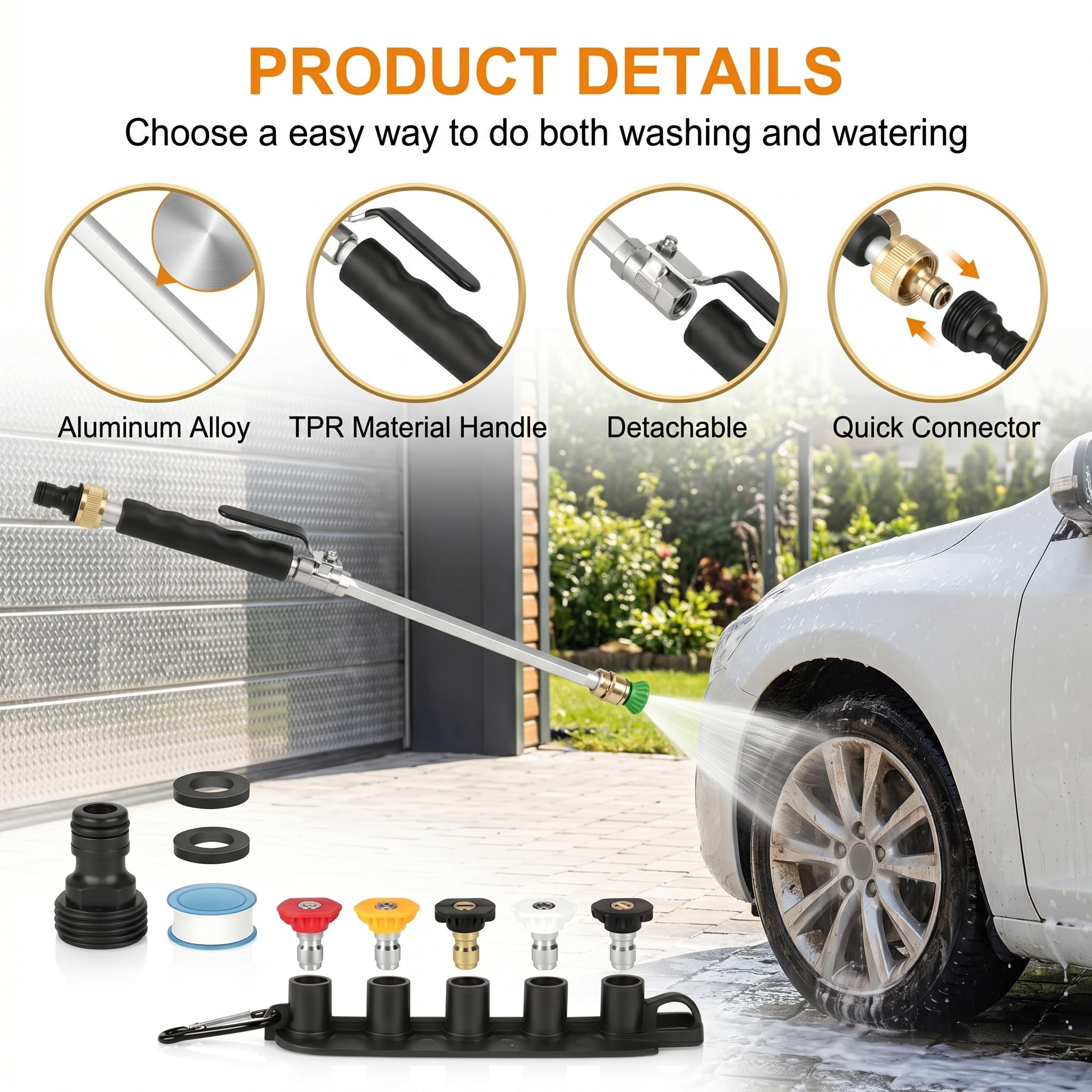 Lancia Idropulitrice Professionale, Pistola Acqua Giardino, 5 Ugello ad Alta Pressione Regolabile in Metallo per Lavaggio Auto, Grondaie e Irrigazione