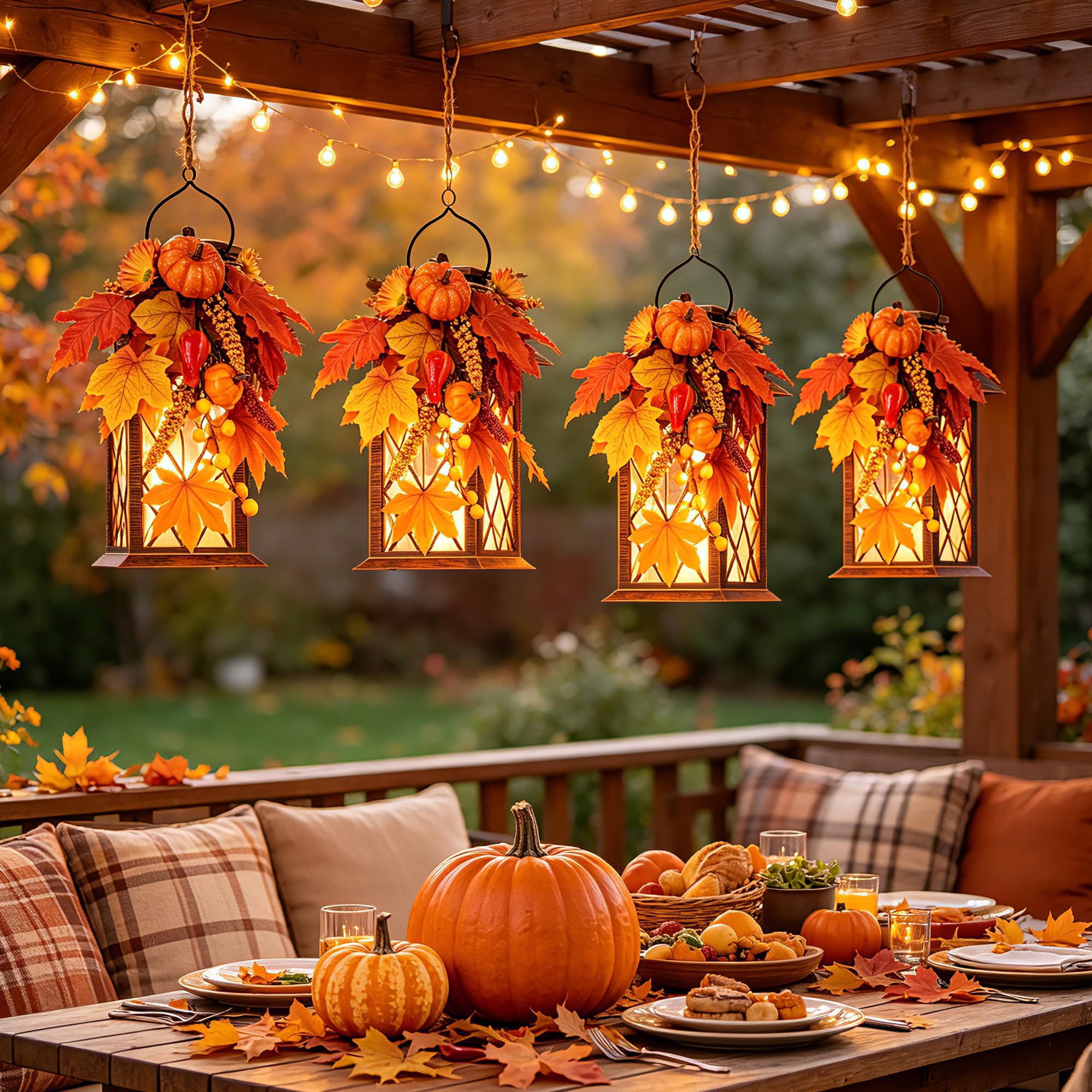 Faroles solares impermeables para exteriores, linterna colgante de corona de otoño, 13 pulgadas, decoración solar para porche, patio, jardín, balcón, camino, 1 paquete
