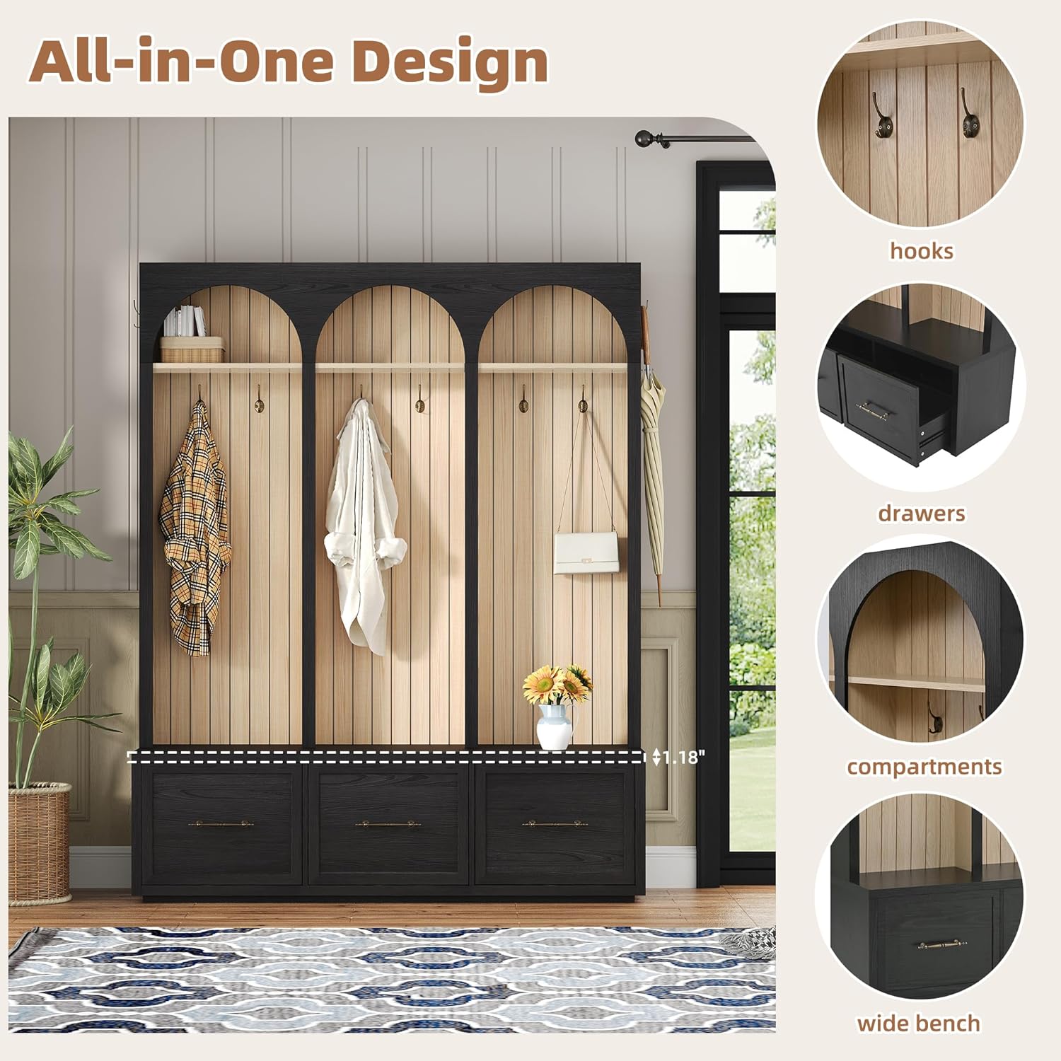 Merax Farmhouse Wood Hall Tree with 8 Hooks and Shoe Bench, Mudroom Versatile Coat Racks with 3 Drawers, Entrance Organizer for Hallway Black