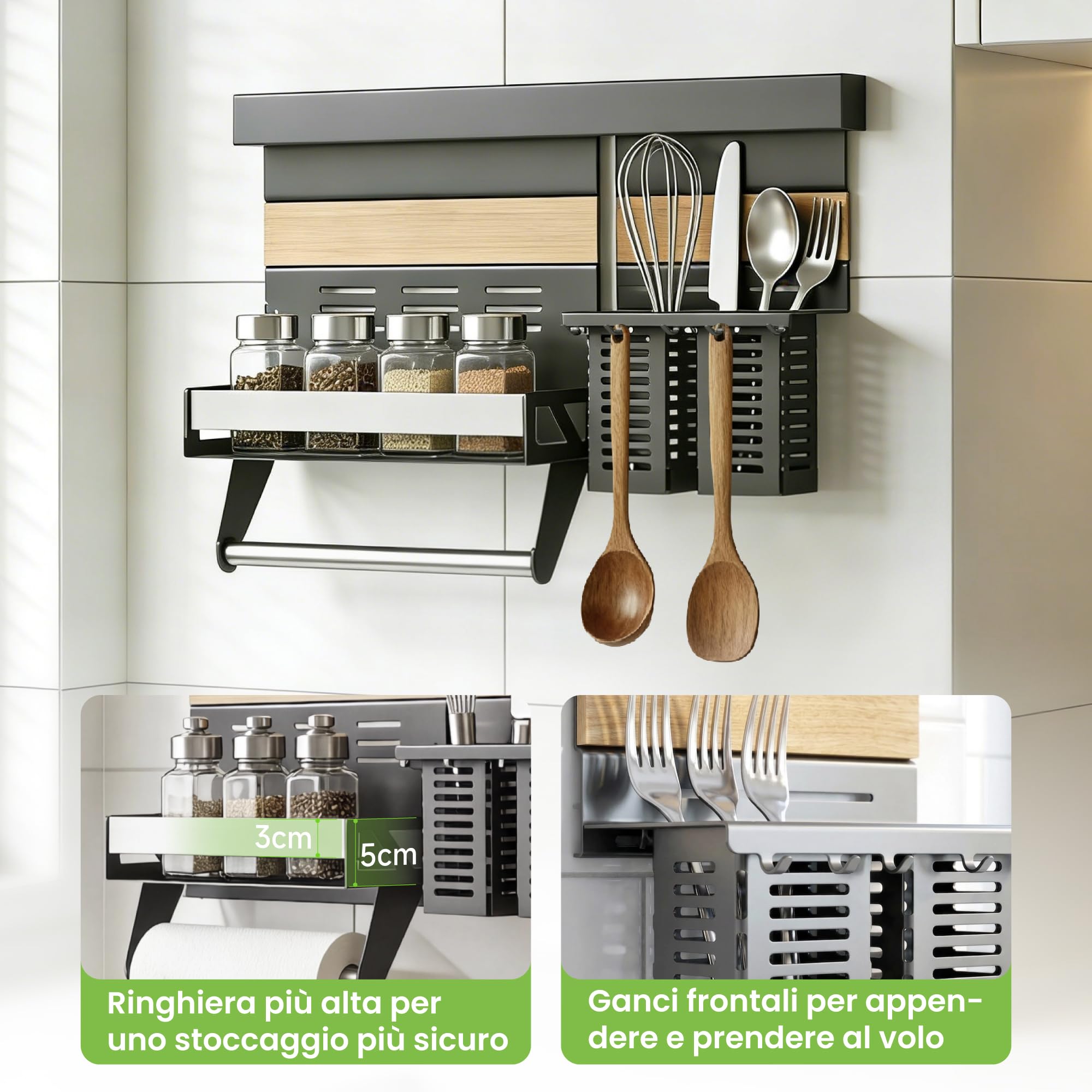Mai & Mai Porta Spezie e Porta Mestoli da Cucina in Lamiera Zincata, Portaspezie con Porta Rotolo, Portautensili con 5 Ganci, Grigio, da Appendere con Guide, Reglo-10+Reglo-12