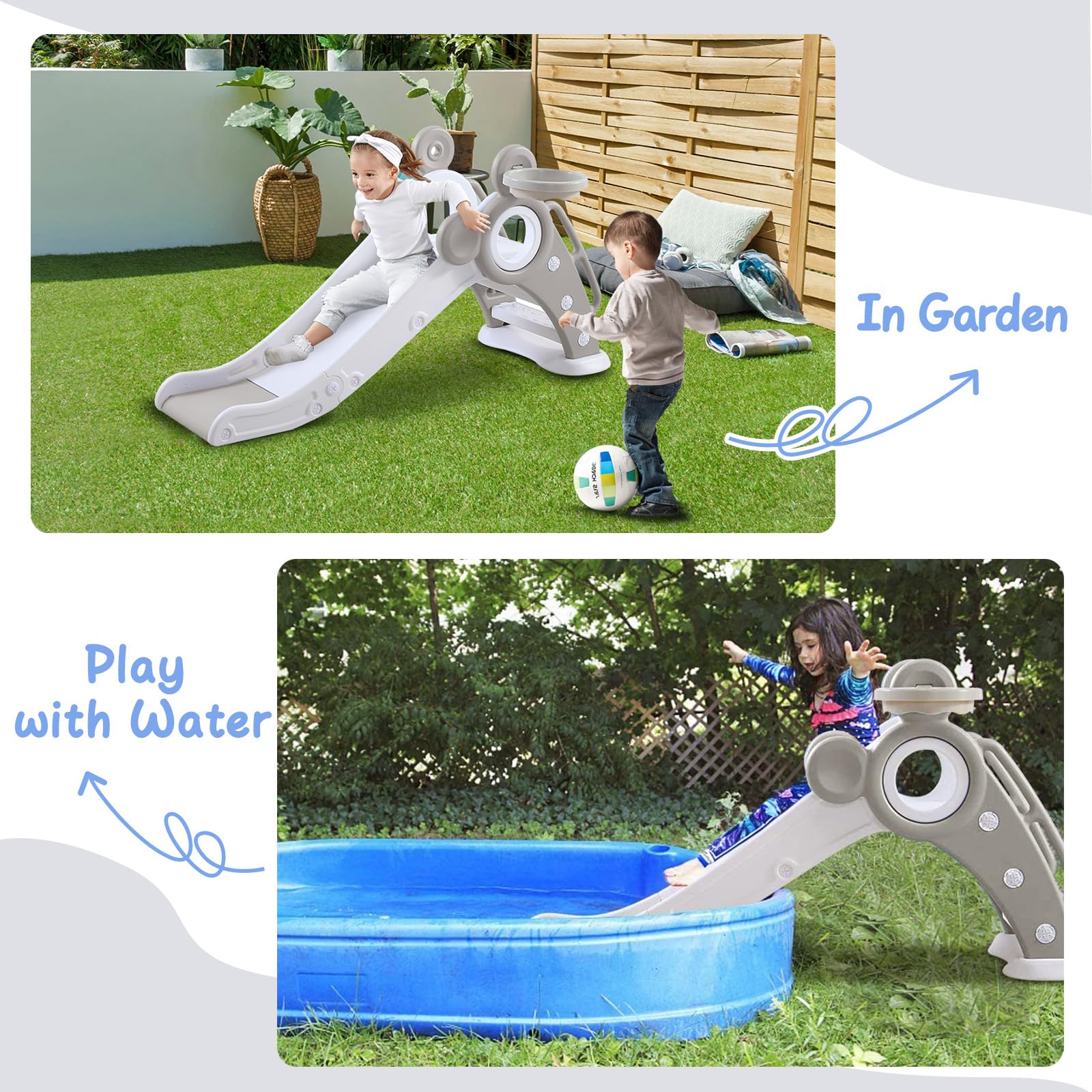 YOLEO Rutsche Kinder Fun-Slide mit Basketballkorb Faltbar Gartenrutsche für 2-3 Jahre Indoor Outdoor Grau