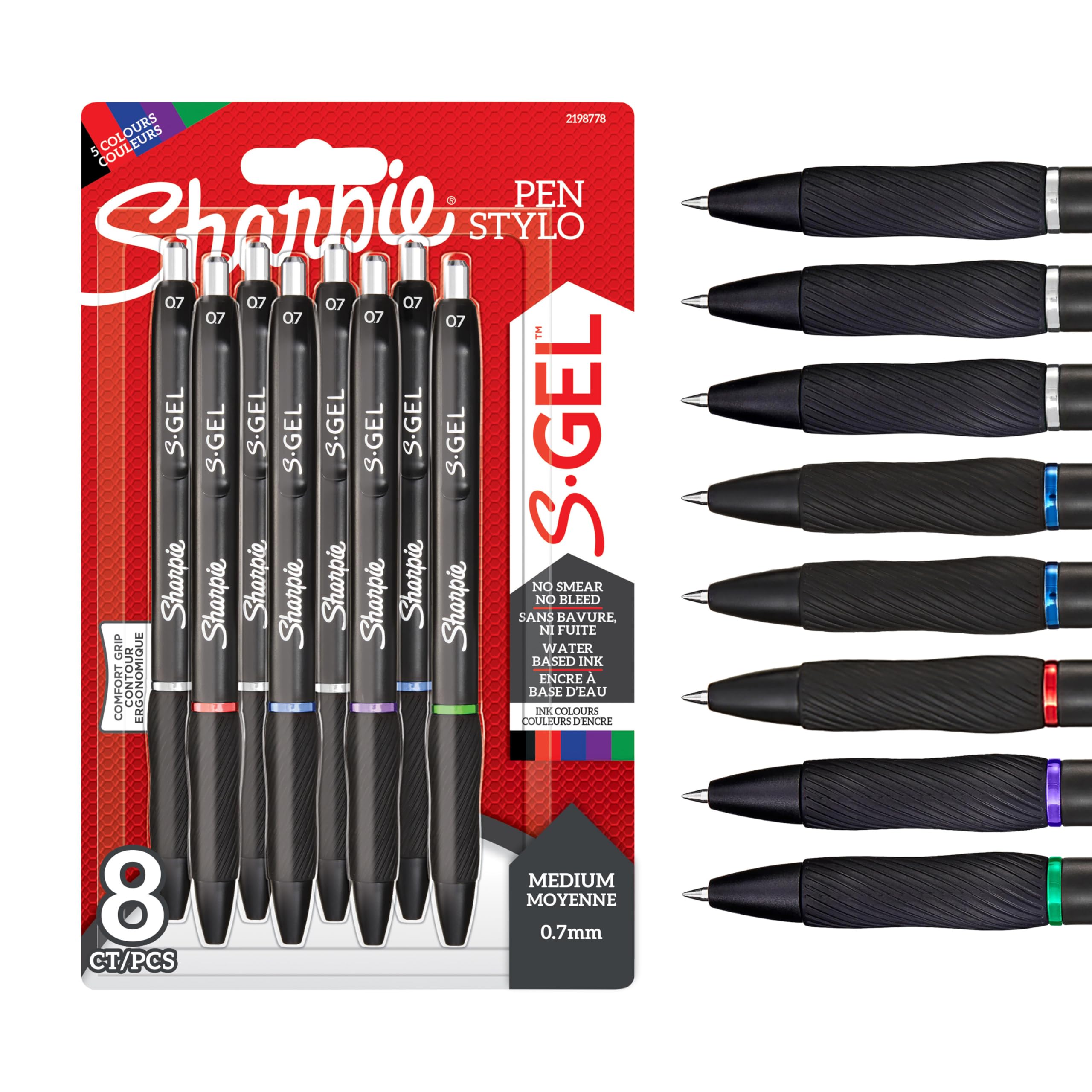 Sharpie S-​Gel | Stylos gel | Pointe moyenne (0,​7 mm) | assortiment de couleurs | Lot de 8