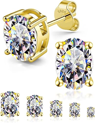 Delzzad Oval Cut Moissanite Stud Earrings, S925 Sterling Silver, White and Gold,