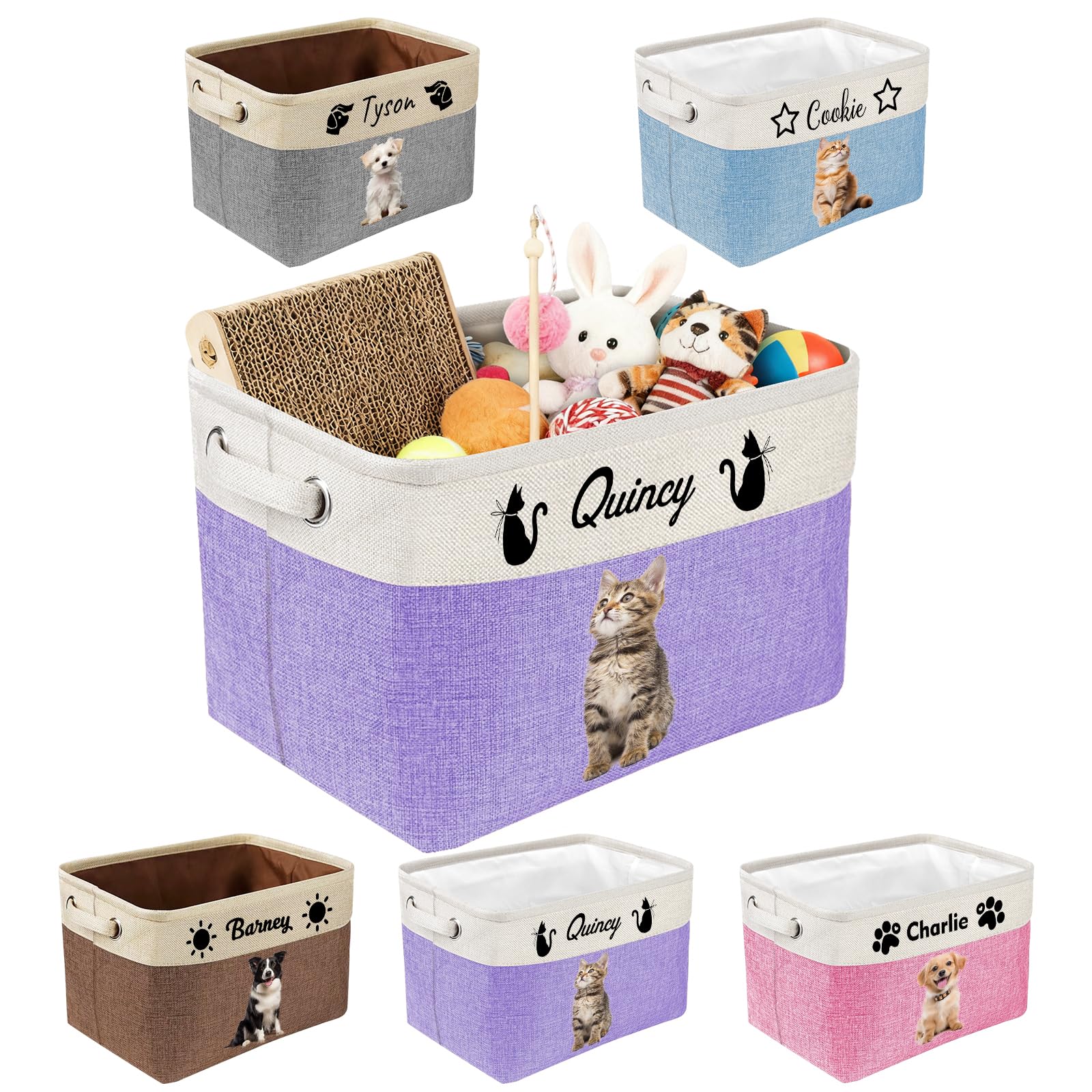 Roseshore Personalised Dog Toy Storage Basket with Photo Name Custom Dog Food Organiser Fabric Bins for Clothes Blankets Dolls-Purple