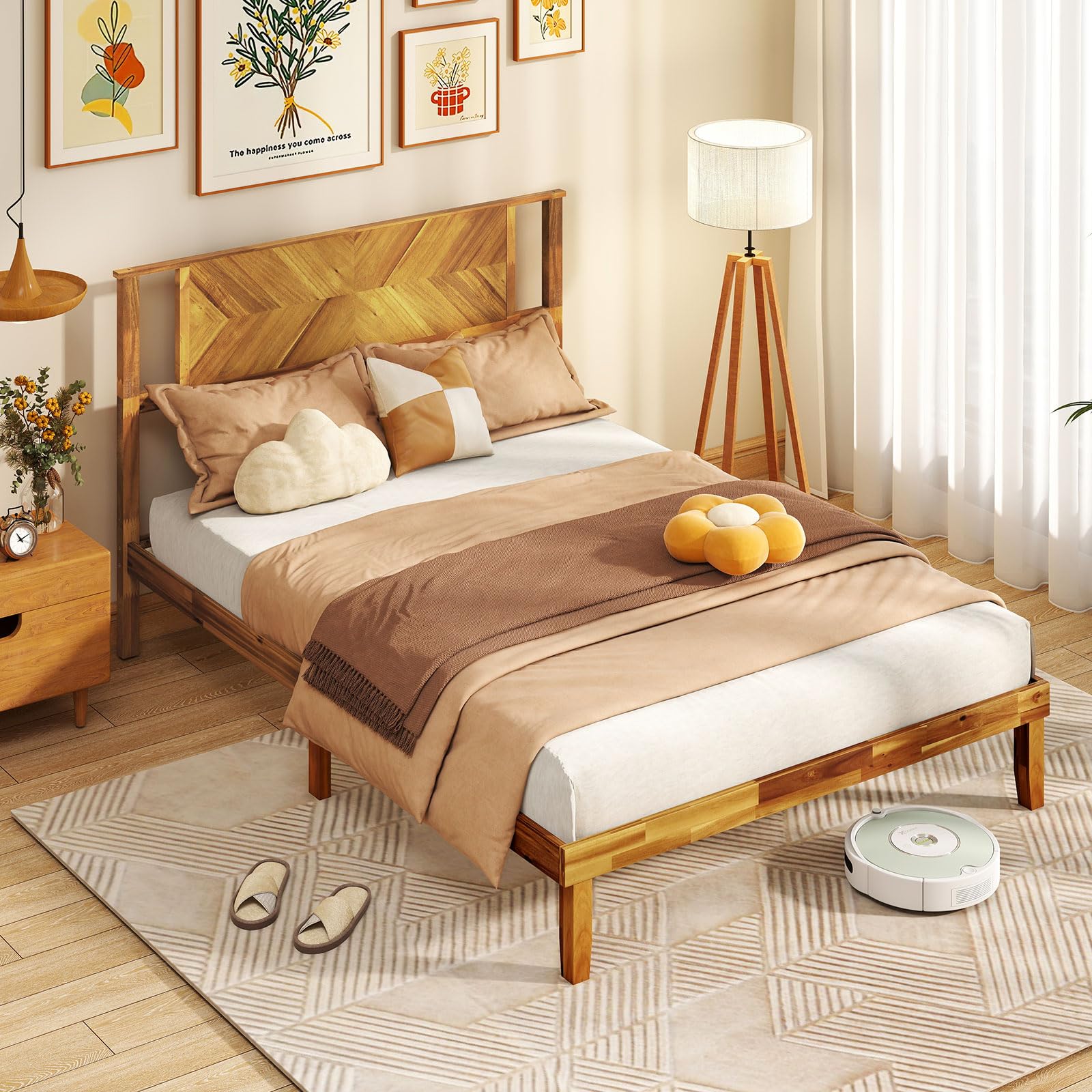 Giantex Full Size Acacia Wood Platform Bed Frame, Mid-Century Modern Bed Frame with Headboard, Wooden Slats Support, Under-Bed Space, No Box Spring Needed, Easy Assembly, Caramel: Full Hollowed Art Deco