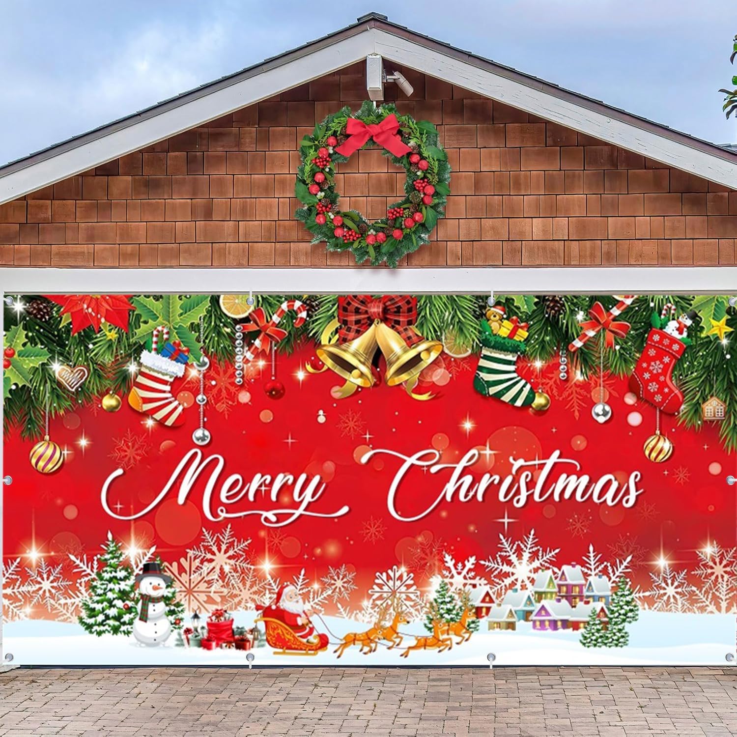 Christmas Garage Door Decorations Cover Banner Backdrop,Merry Christmas Winter Holiday Garage Door Cover Banner,Santa Claus Snowman Elk 7x16ft 2 Car Xmas Garage Door Cover Outdoor Holiday Decorations
