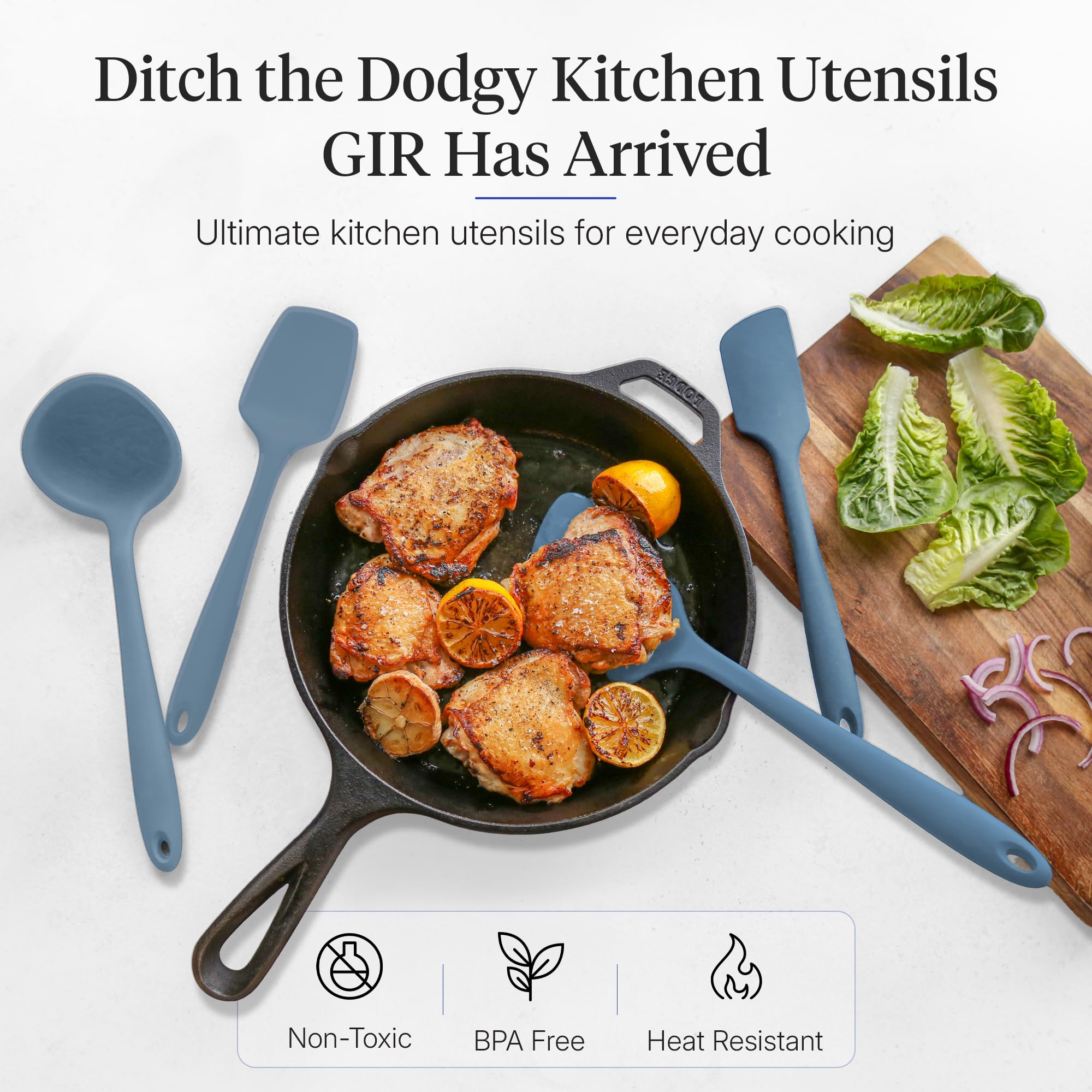GIR: Get It Right - Set di 5 utensili da cucina in silicone – mestolo, spatola, capovolgimento, cucchiaio e cucchiaio, antiaderente, resistente al calore e lavabile in lavastoviglie, utensili da