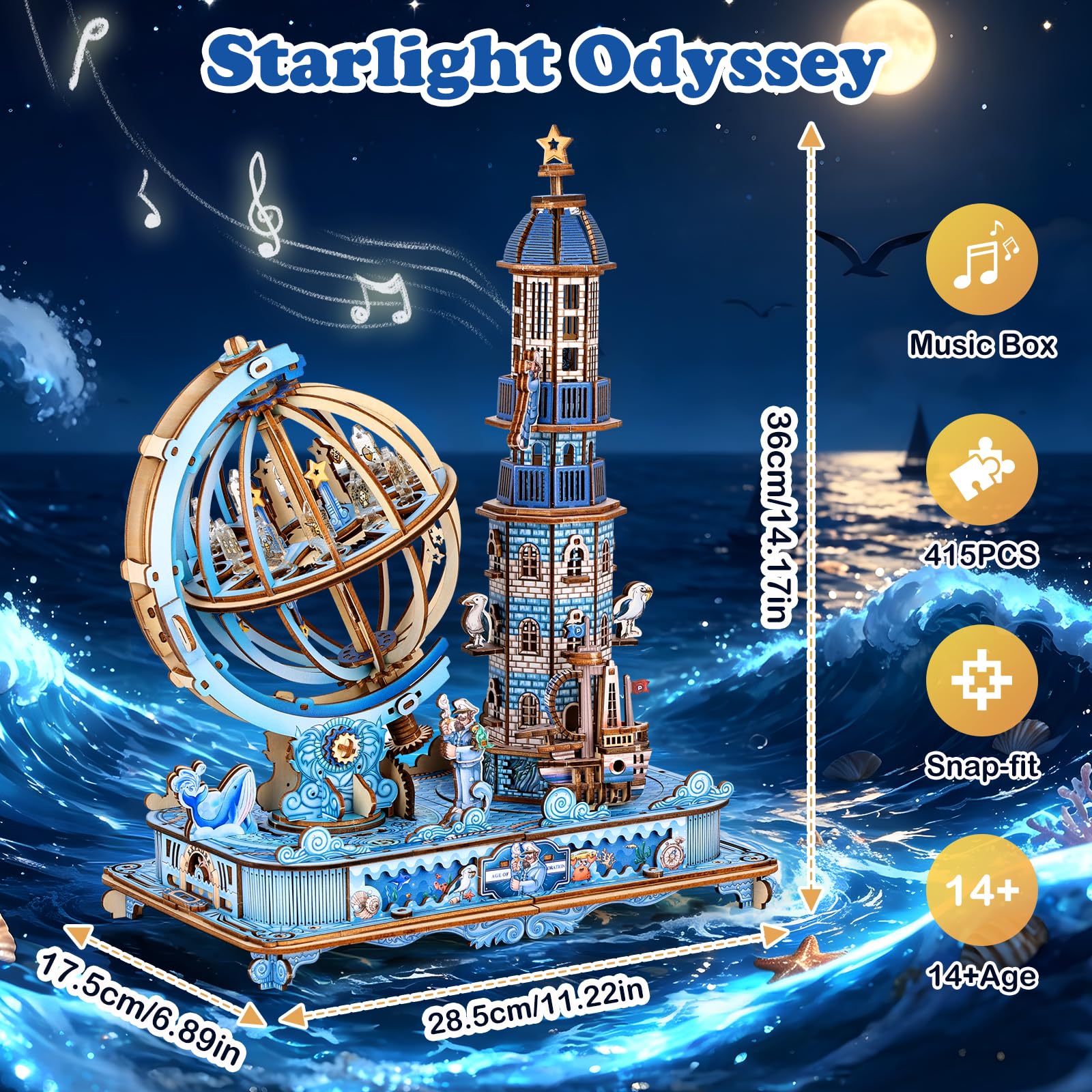 Cuteefun Puzzle 3D Madera Globo Musical Giratorio-Odisea Estelar[415Piezas]