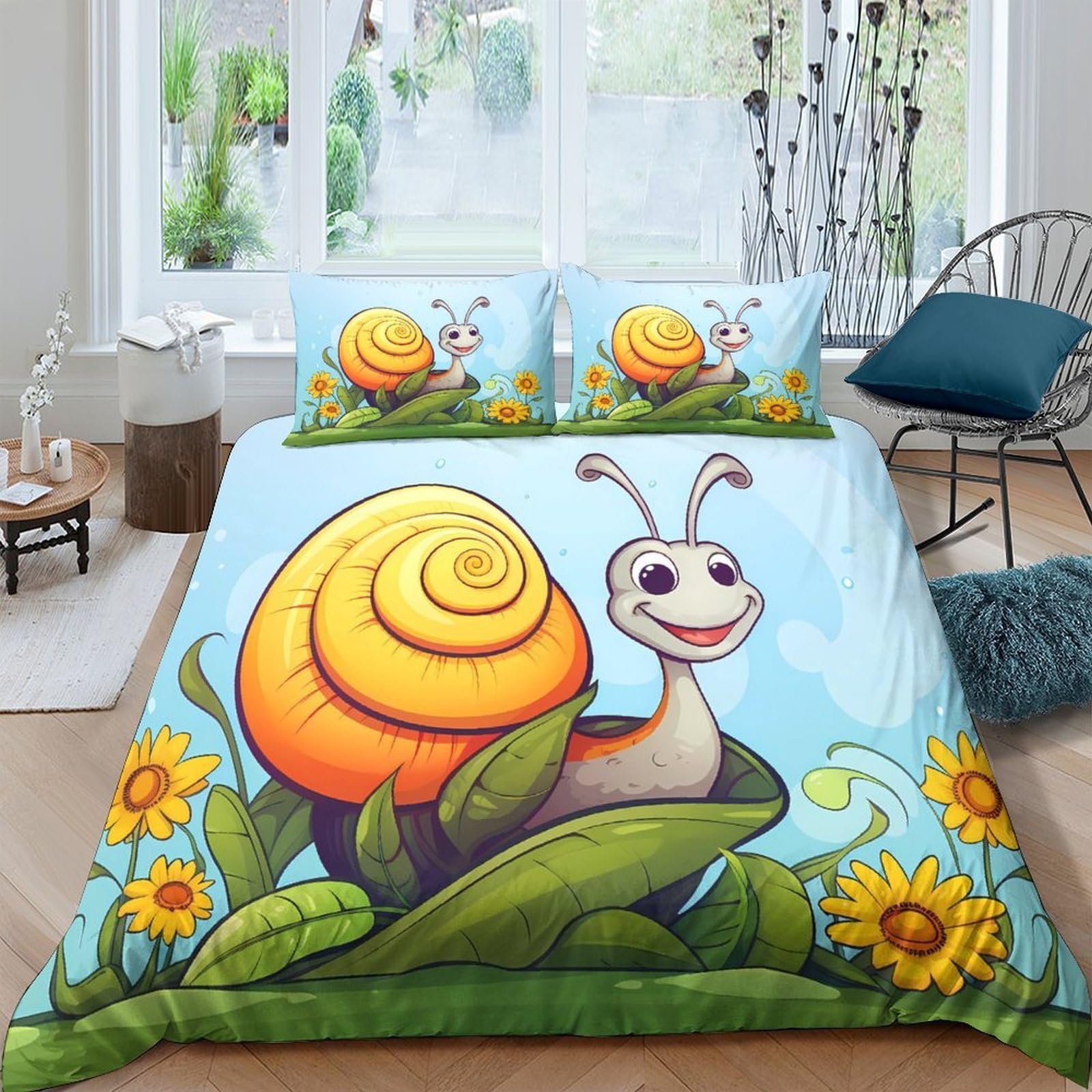 GPLZQXKJNH 3D Printed Cartoon Snail Duvet Cover Microfiber Soft Sunflower Bedding Set with 2 Pillowcases for Bedroom Decor Single（135x200cm）