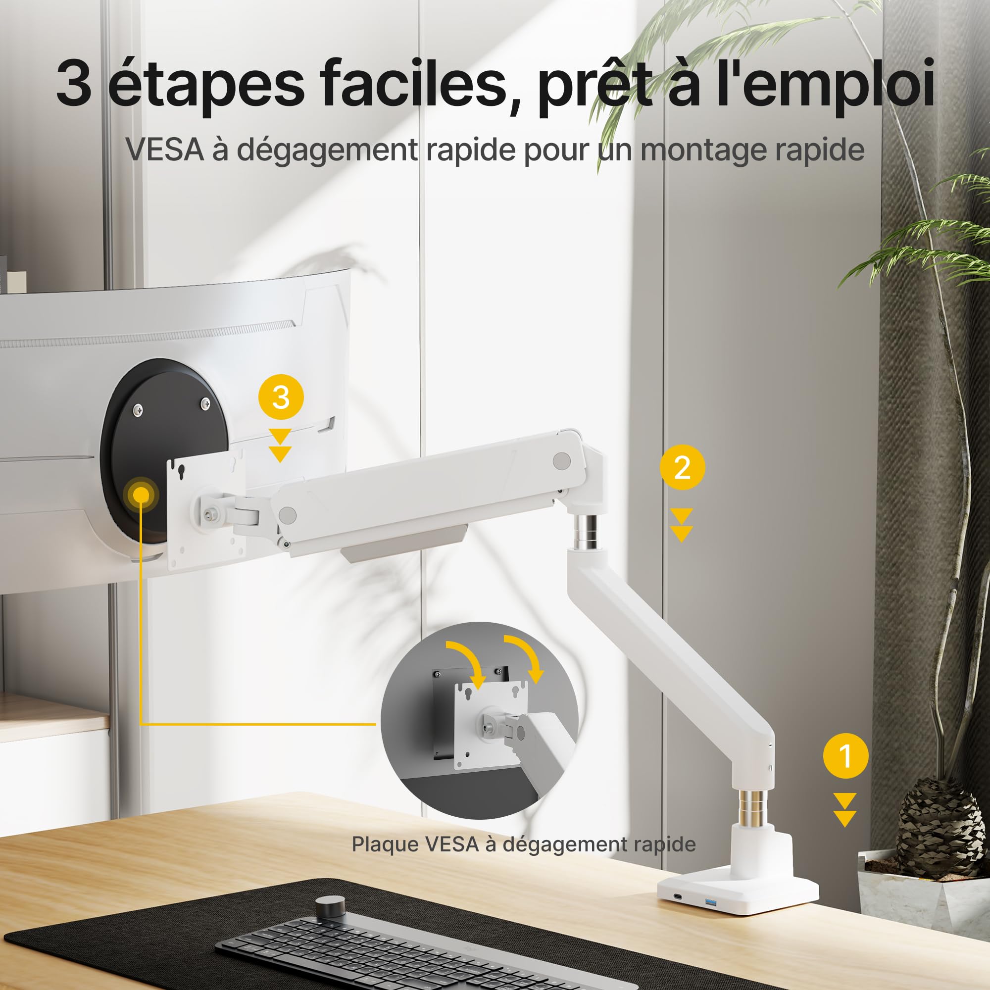 monTEK Bras Ecran PC Blanc avec Port USB pour 17-45", VESA 75/100mm