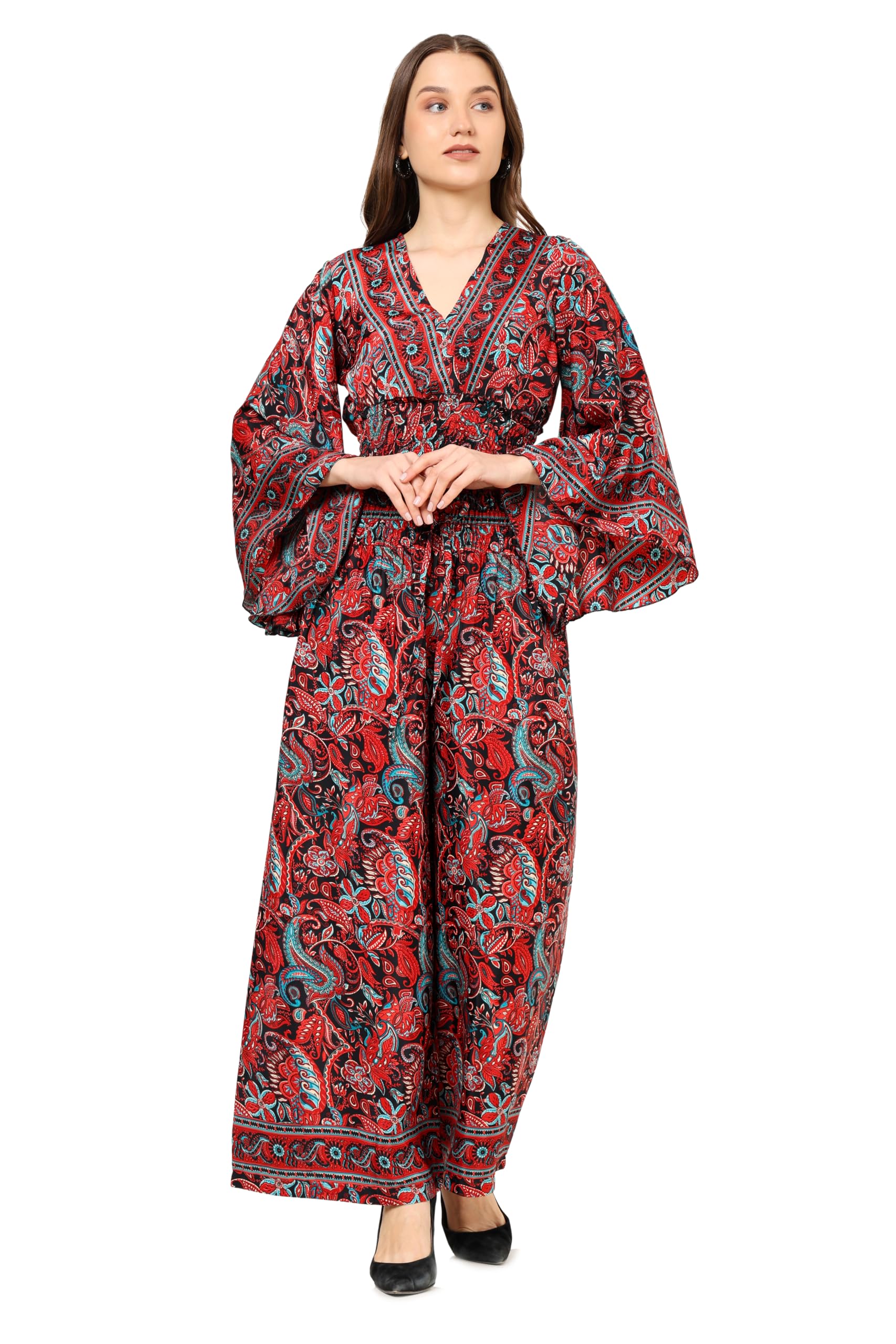 Yash GalleryYash Gallery Women's Green Floral Printed Smoking Flared Sleeve Tops and Pajama Embroidered Co-ord Set