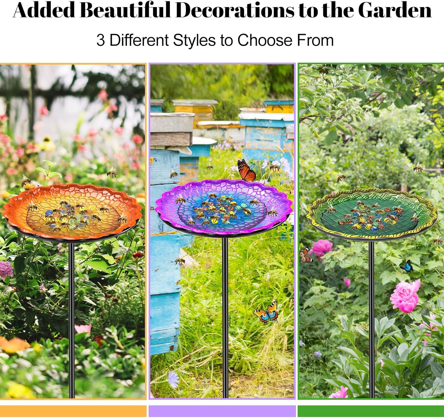 Bee Butterflies Watering Station, Standing Bee Feeder with Glass Marbles for Outside, Bee Bath Feeder with Metal Stakes Butterfly Puddler Garden Yard Déco (Green)
