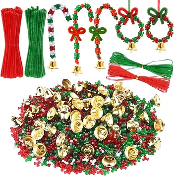 Livder Christmas Beaded Ornament Kit, 1600 Pieces Triangle Beads, 300 Pieces Plastic Beads, 60 Pieces Chenille Stems, 45 Pieces Bells and 20m Ribbon for Xmas Craft Wreath Tree Decorations