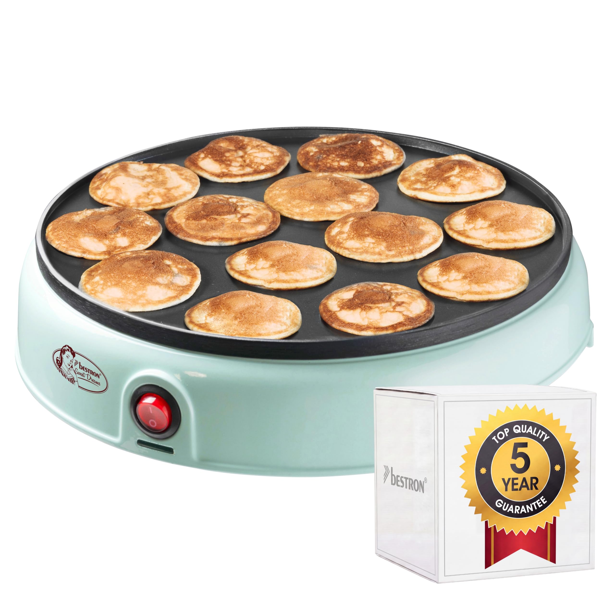 Bestron Poffertjes Maker im Retro Design, Mini Crepe's, Holländische Spezialität, Pfannkuchenautomat mit Antihaftbeschichtung & Kontrollleuchte, Sweet Dreams, Farbe: Mint
