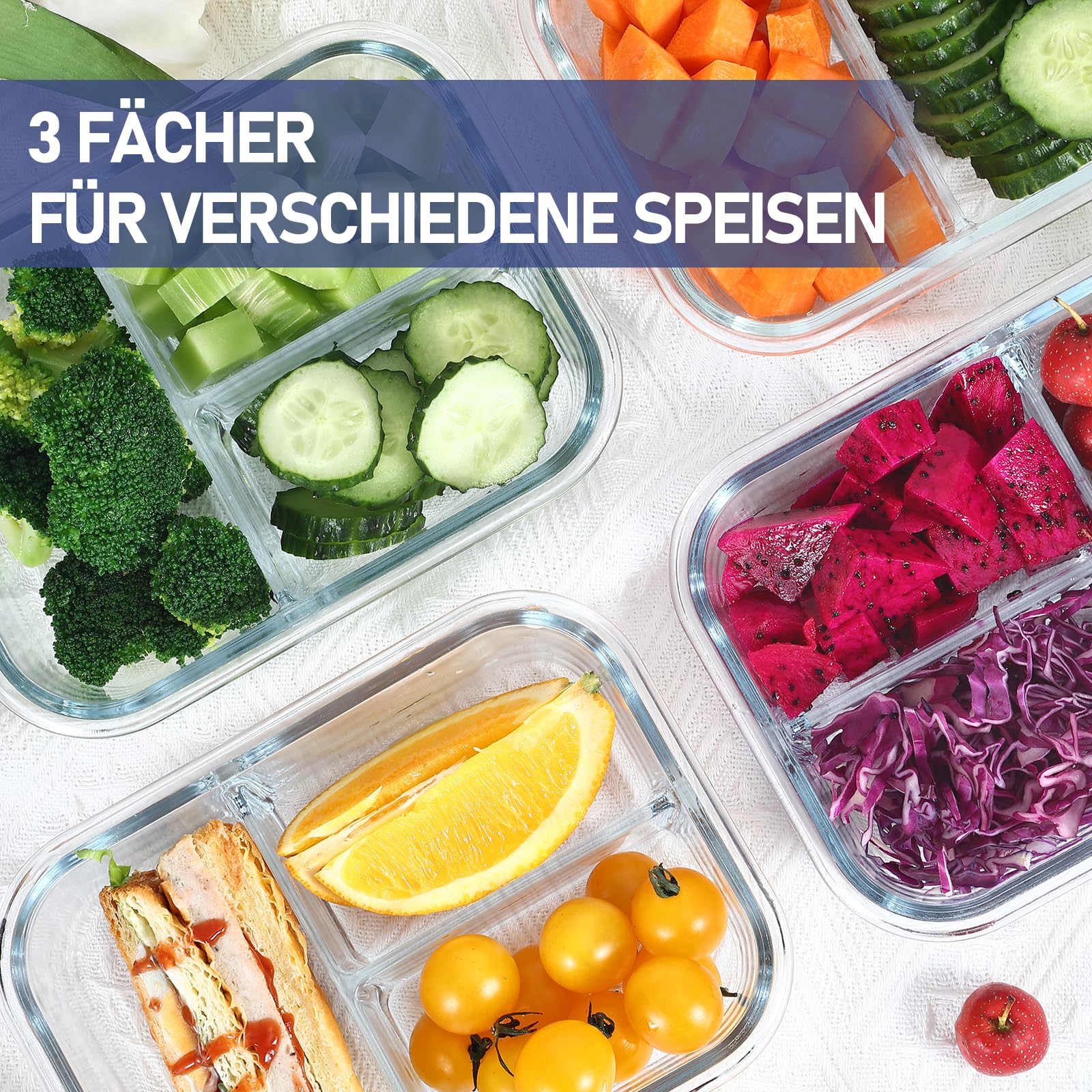 Meal Prep pojemniki szklane z pokrywką, 1 i 2 i 3 przegródki (3 sztuki, 1040 ml), pojemniki szklane z pokrywką, z kontrolą porcji, hermetyczne, bezpieczne w piekarniku i zamrażarce
