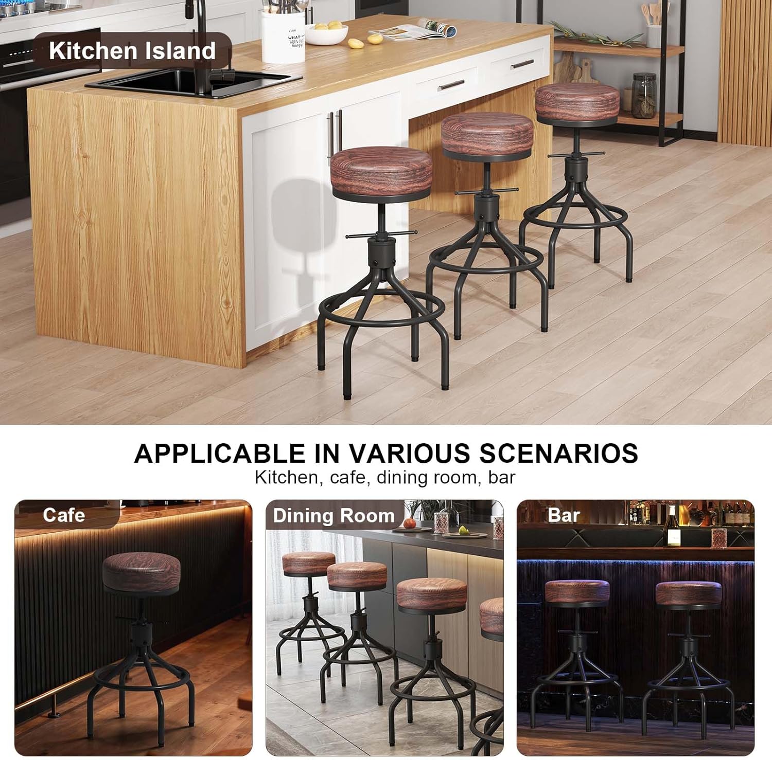 Industrial Barstools Set of 2 Adjustable Swivel Round Bar Stools Modern PU Leather 28inch Backless Counter Height Stool Metal Bar Chair for Kitchen Island (D017-Walnut-2)