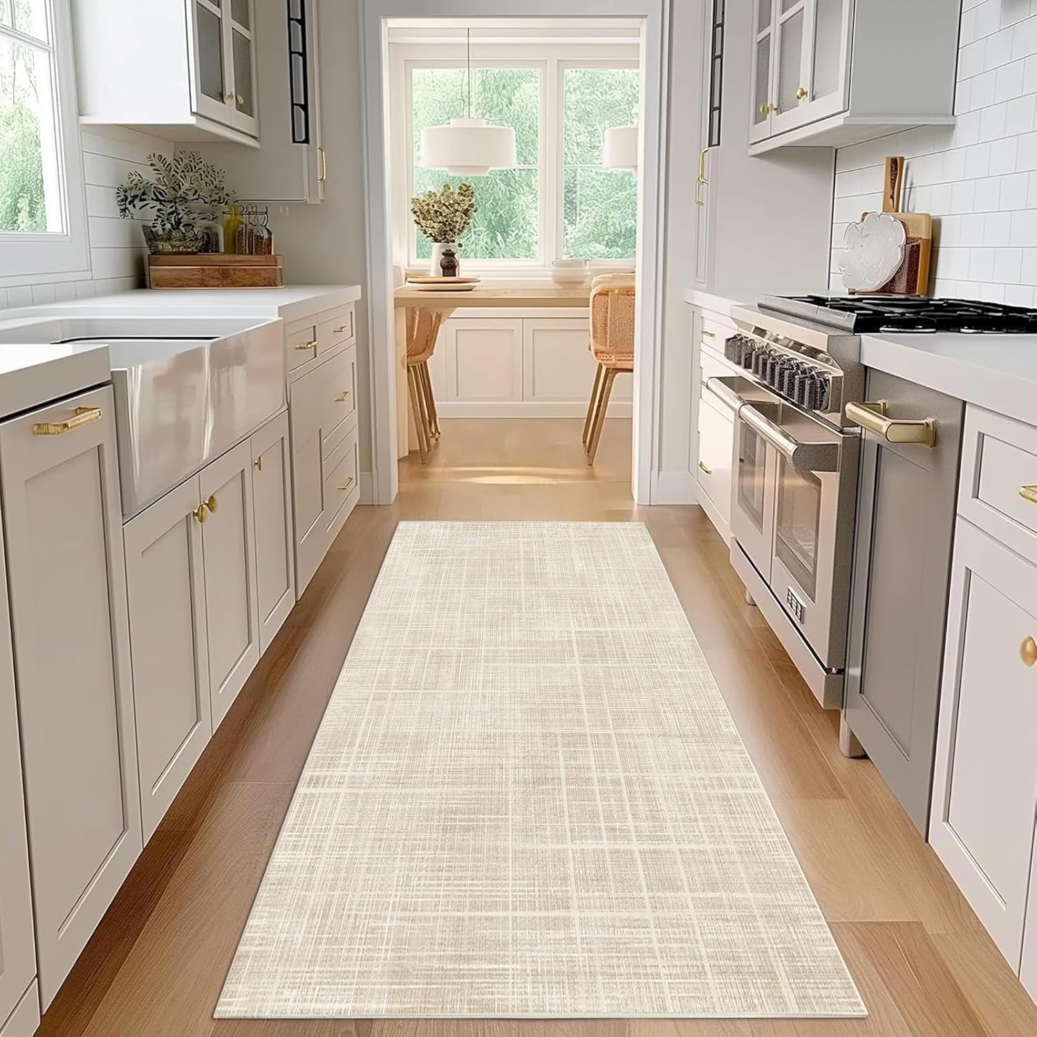 Enkor Runner Rugs for Hallway, 2'7"x8 Washable Soft Non Slip Abstract Rugs for Kitchen, Modern Mat for Entryway Living Room Bedroom Beige Grid