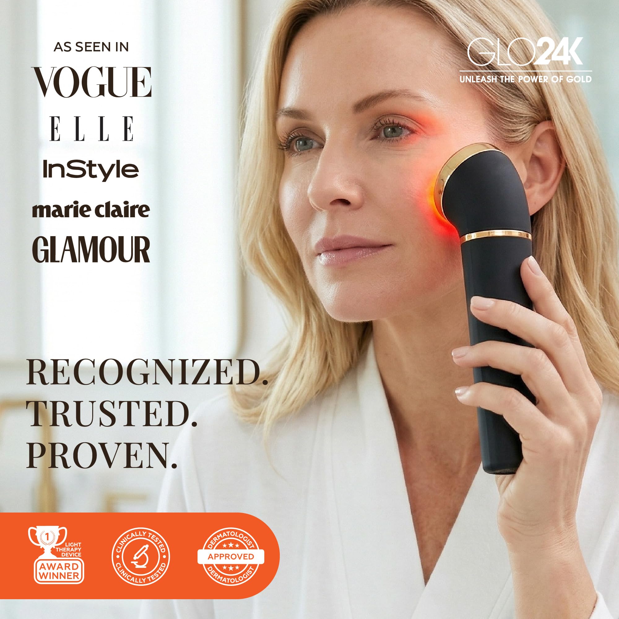 Dispositivo de belleza GLO24K para la cara. Basado en tecnologías de triple acción L E D, térmica y vibración.