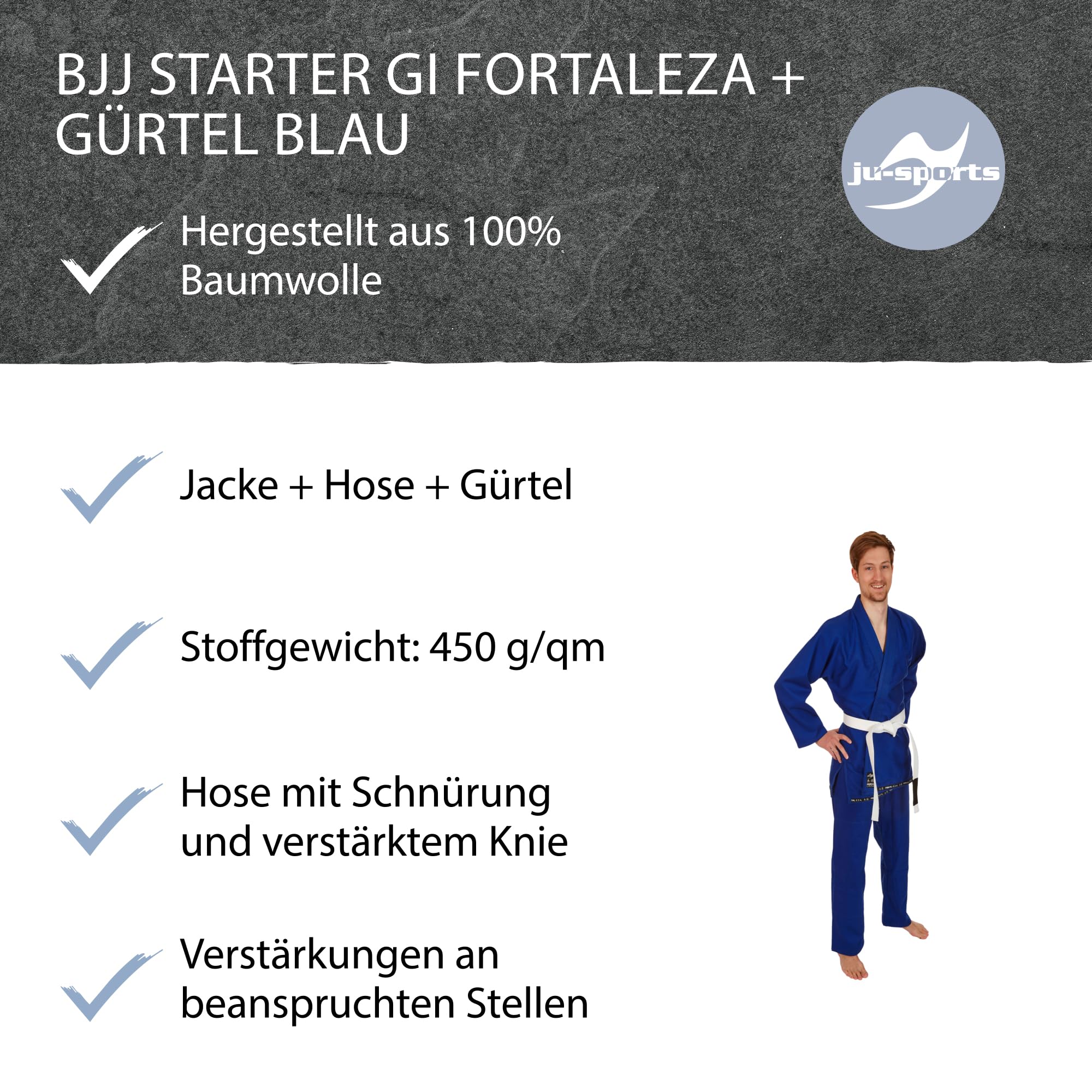 Ju-Sports BJJ Starter Gi Fortaleza Blau + BJJ Gürtel Weiß I Leichter & solider Brazilian Jujutsu Anzug für Einsteiger I BJJ Gi Herren I 100% Baumwolle