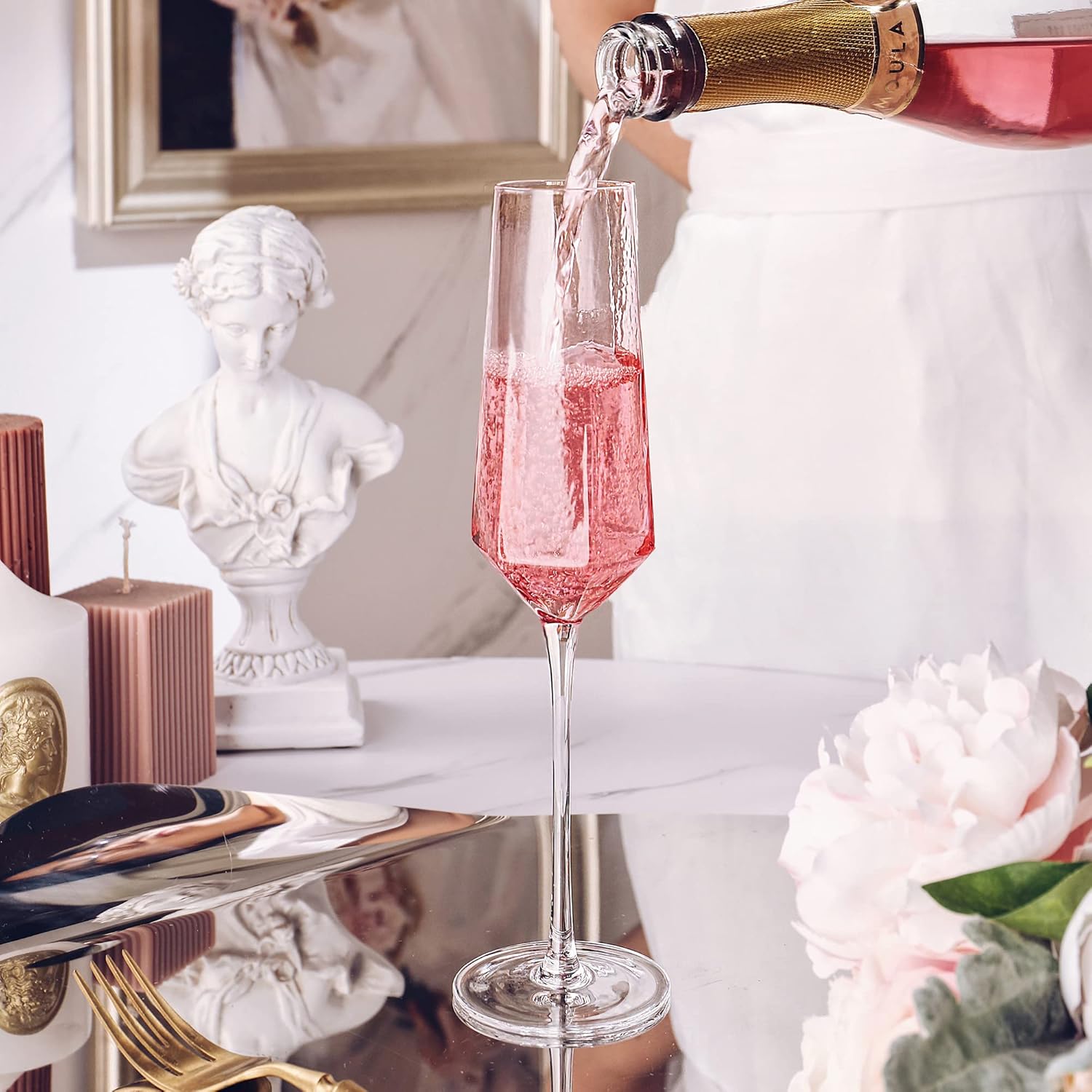 Crystal Champagne Flutes 8Oz Pink Wedding Champagne Glasses Classy Champagne Flutes Elegant Flutes Set of 4 for Wedding Anniversary Christmas (Pink) - Image 4