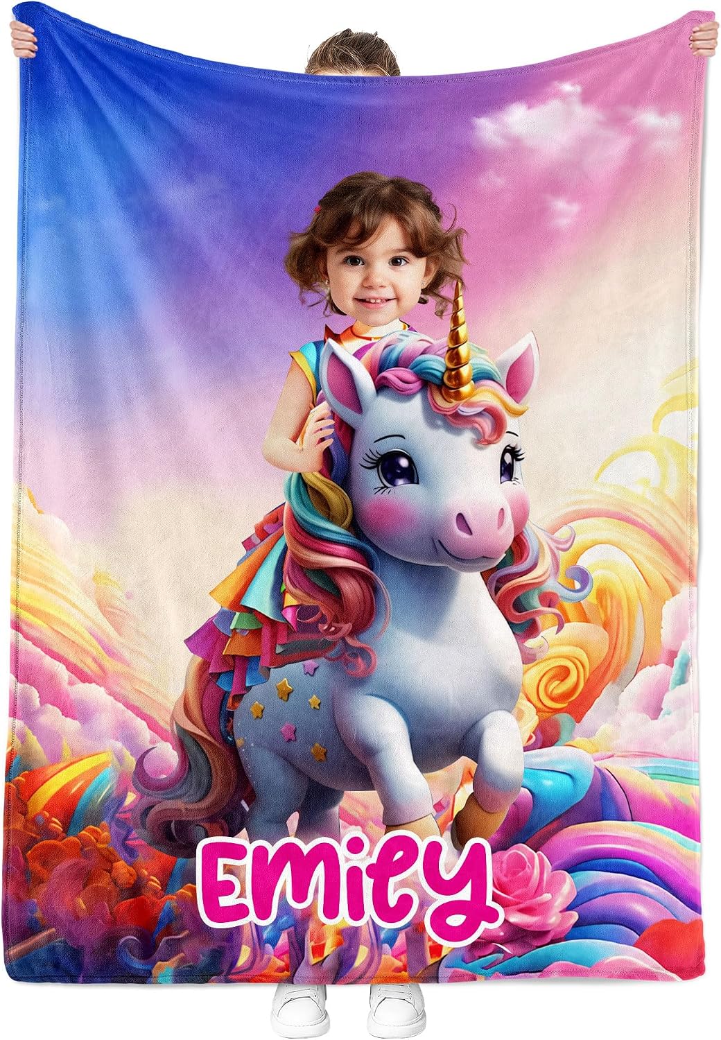 Personalized Pink Unicorn Princess Baby Blankets for Girls, Custom Face Baby Blanket with Name, Baby Girl Princess Blanket