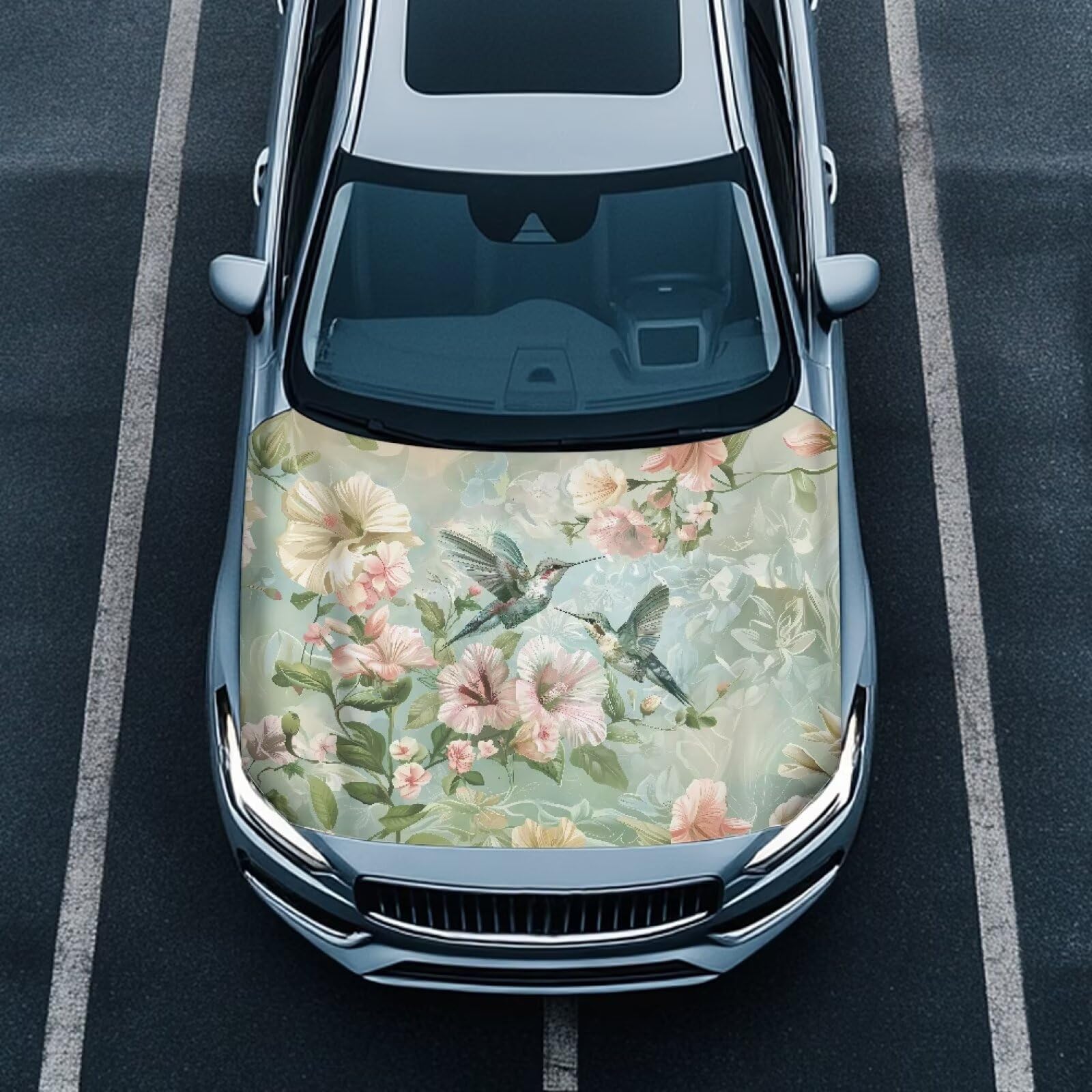 Hummingbird Car Hood Protector, Countryside Floral Bird Can be Washed Automotive Exterior Accessories, Rural Hibiscus Car Hood Decoration and Protection