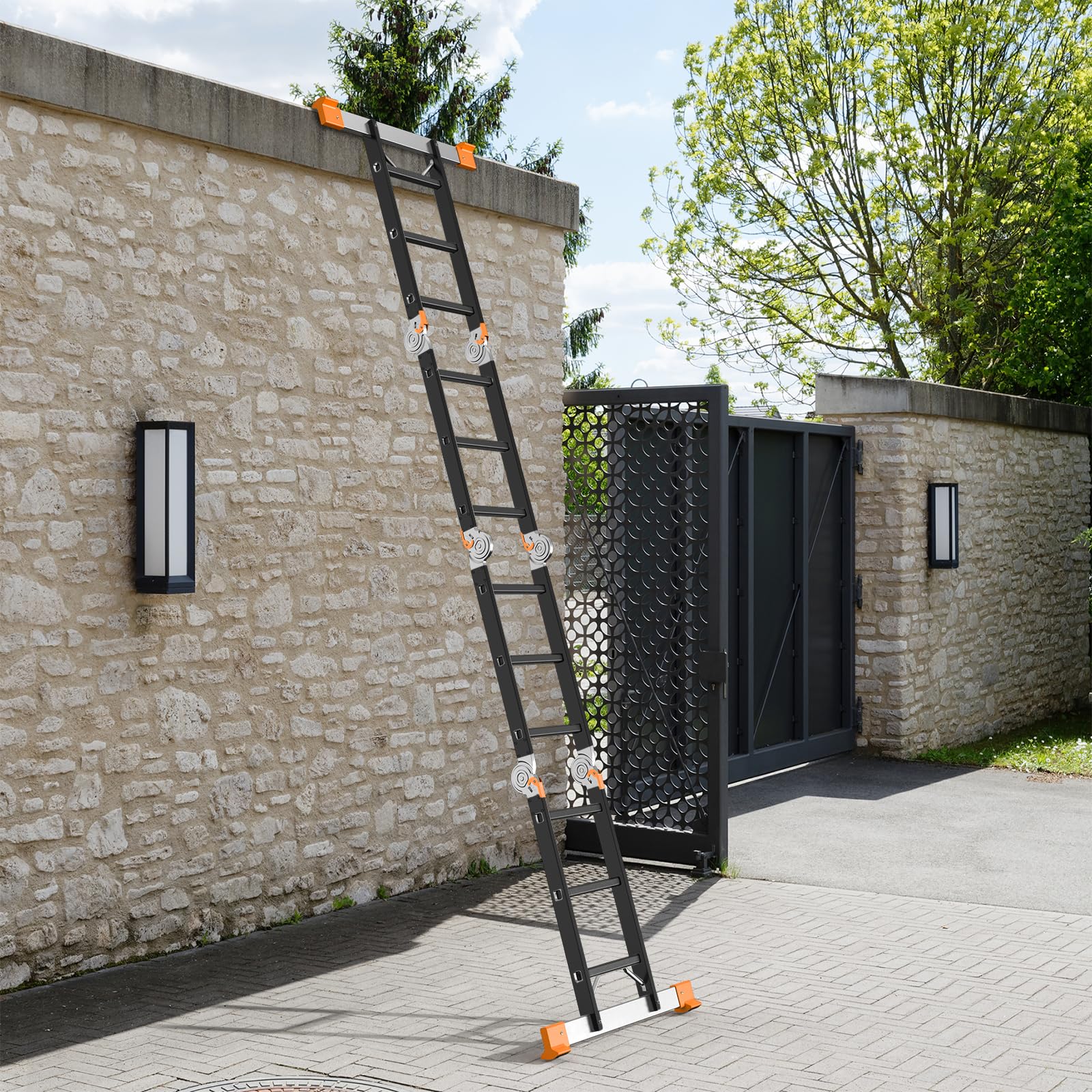 AMHANCIBLE Escalera Multiusos, Escalera Aluminio, 4 x 3 Peldaños, Plegable, para Pintar, Techos, Jardín, hasta 150 kg, 3,4m, Diseño 6 en, Certificado TÜV/GS, Naranja EBAL01RN