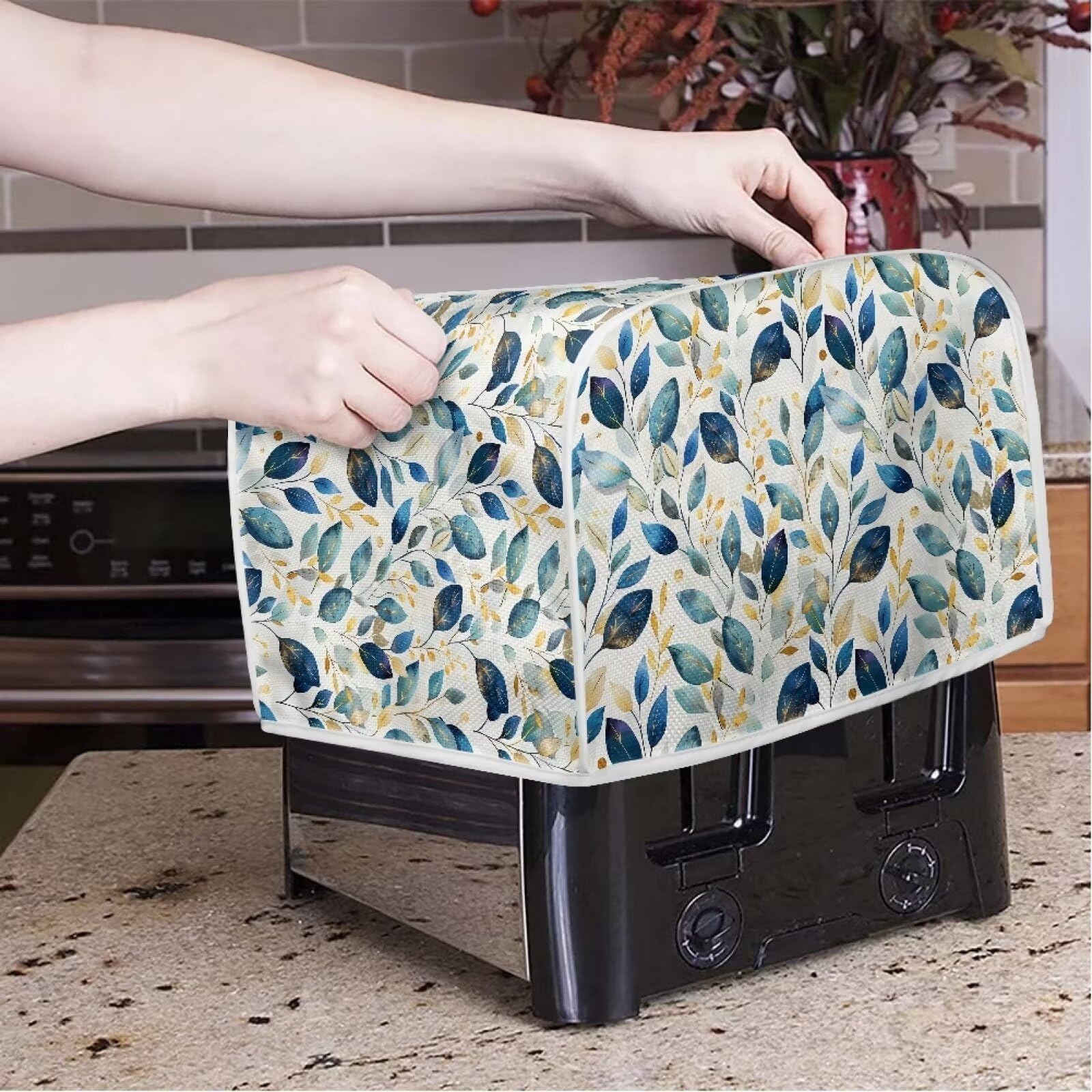 NETILGEN 4 Slice Toaster Dust Cover Bread Toaster Oven Dustproof Cover Kitchen Bakeware Protector Dustproof Fingerprint Protection Gift for Mom Wife Friends, Blue Gold Leaf