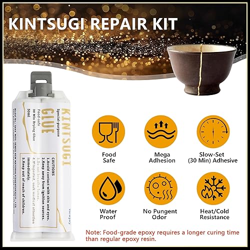 Miniatura 3 de iienjoy Kit de reparación Kintsugi, Kit Kintsugi seguro para alimentos de 4 colores repara cerámicas rotas, jade, vidrio, cerámica significativa,