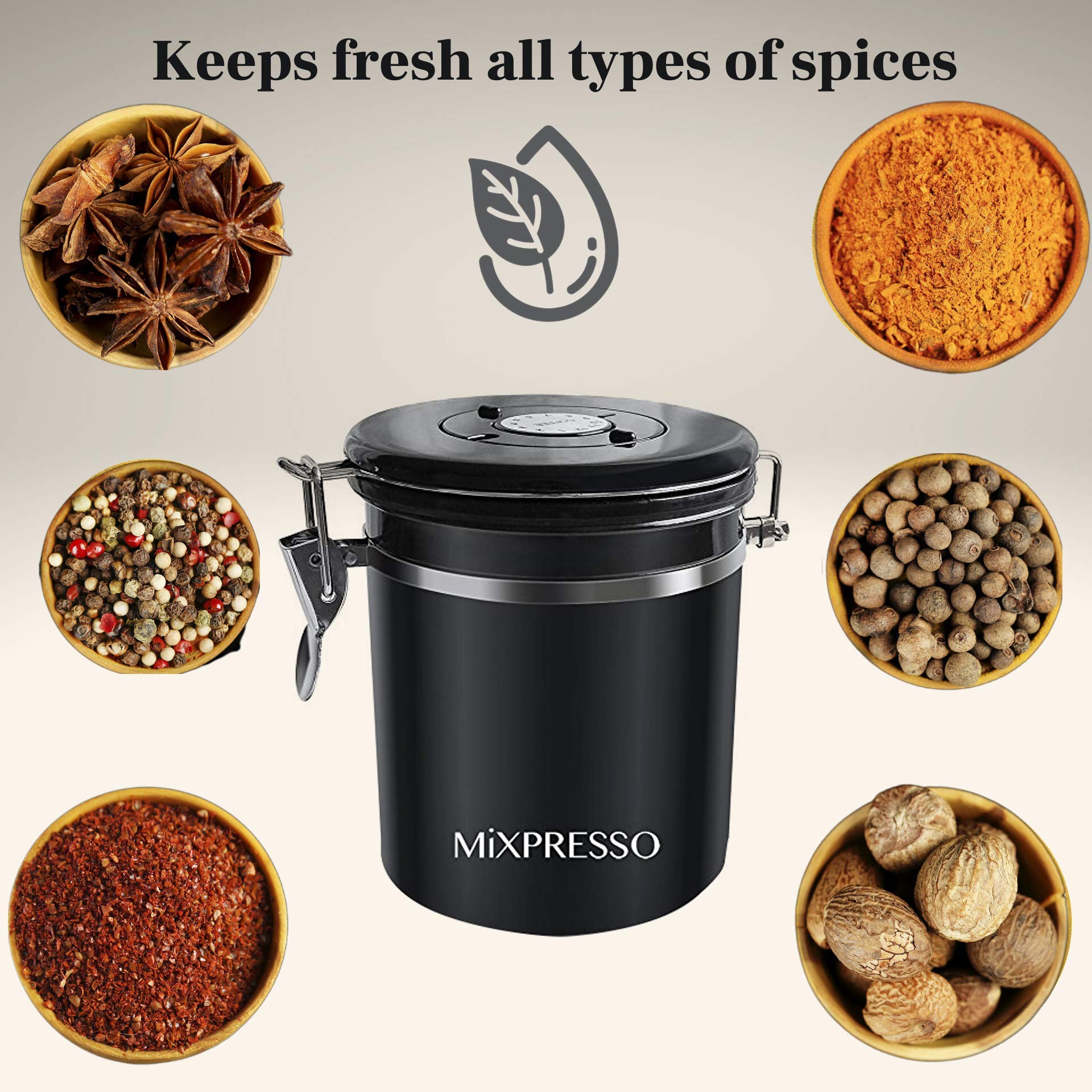 Mixpresso Black Stainless Steel Airtight Coffee Container with Date