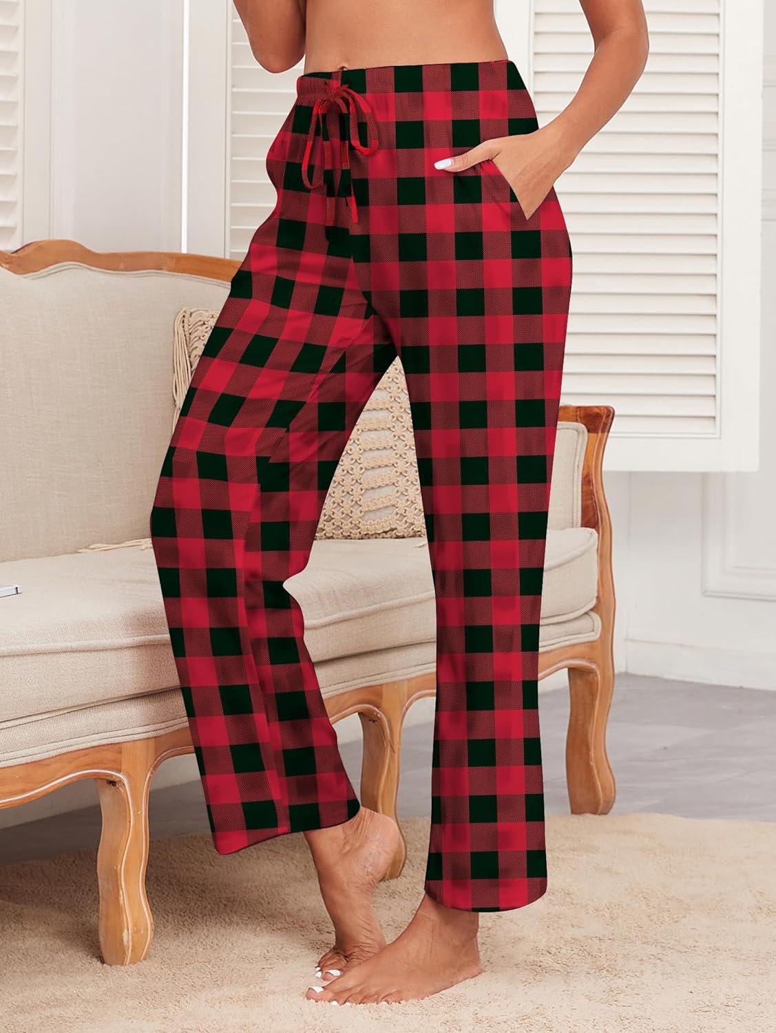 iChunhua Women's Comfy Casual Pajama Pants Pj Bottom with Pockets Stretch Plaid Sleepwear - Image 2