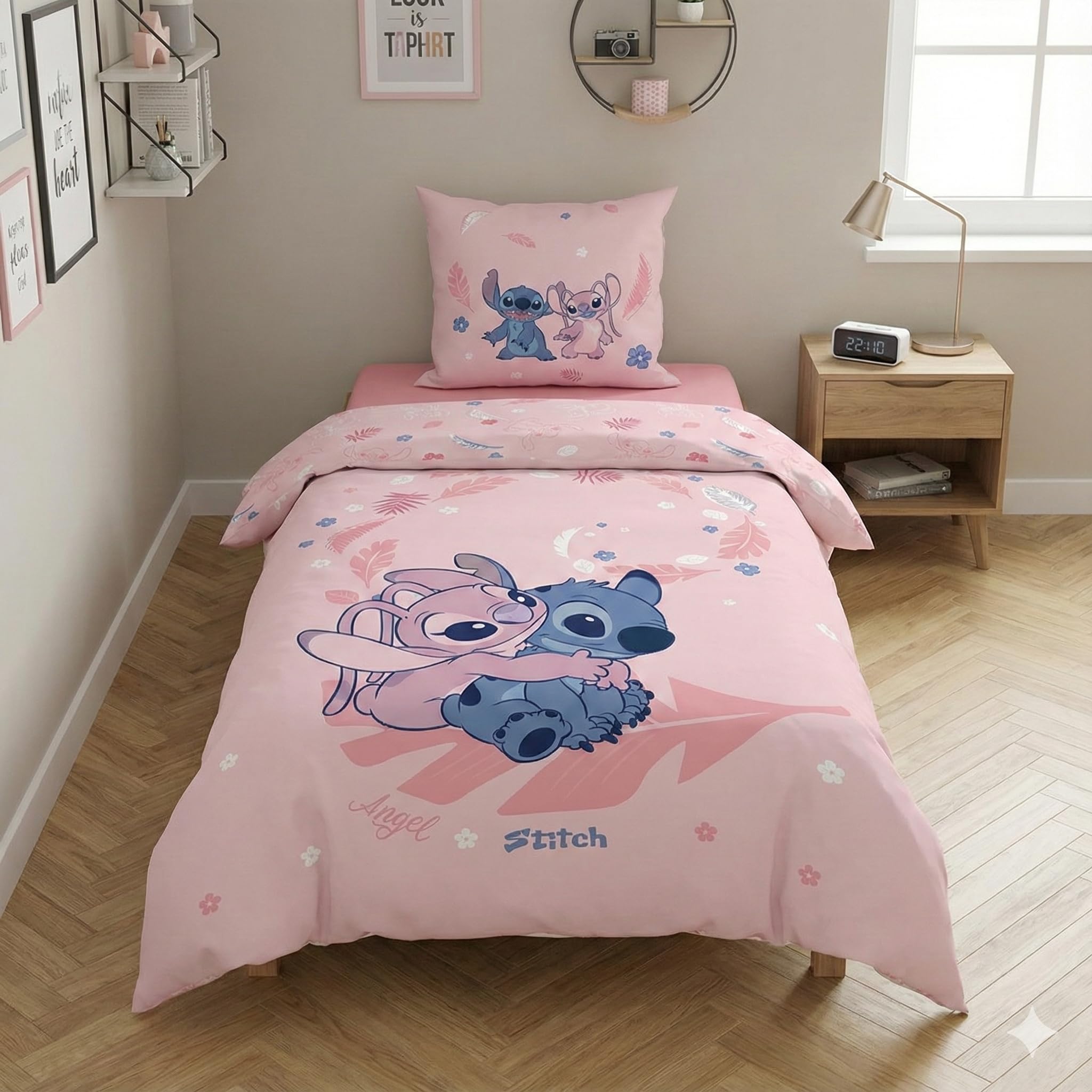 Aymax Pink Stitch And Angel Reversible Bedding Set, Duvet Cover 140 X 200 Cm + Pillowcase 63 X 63 Cm, Polycotton