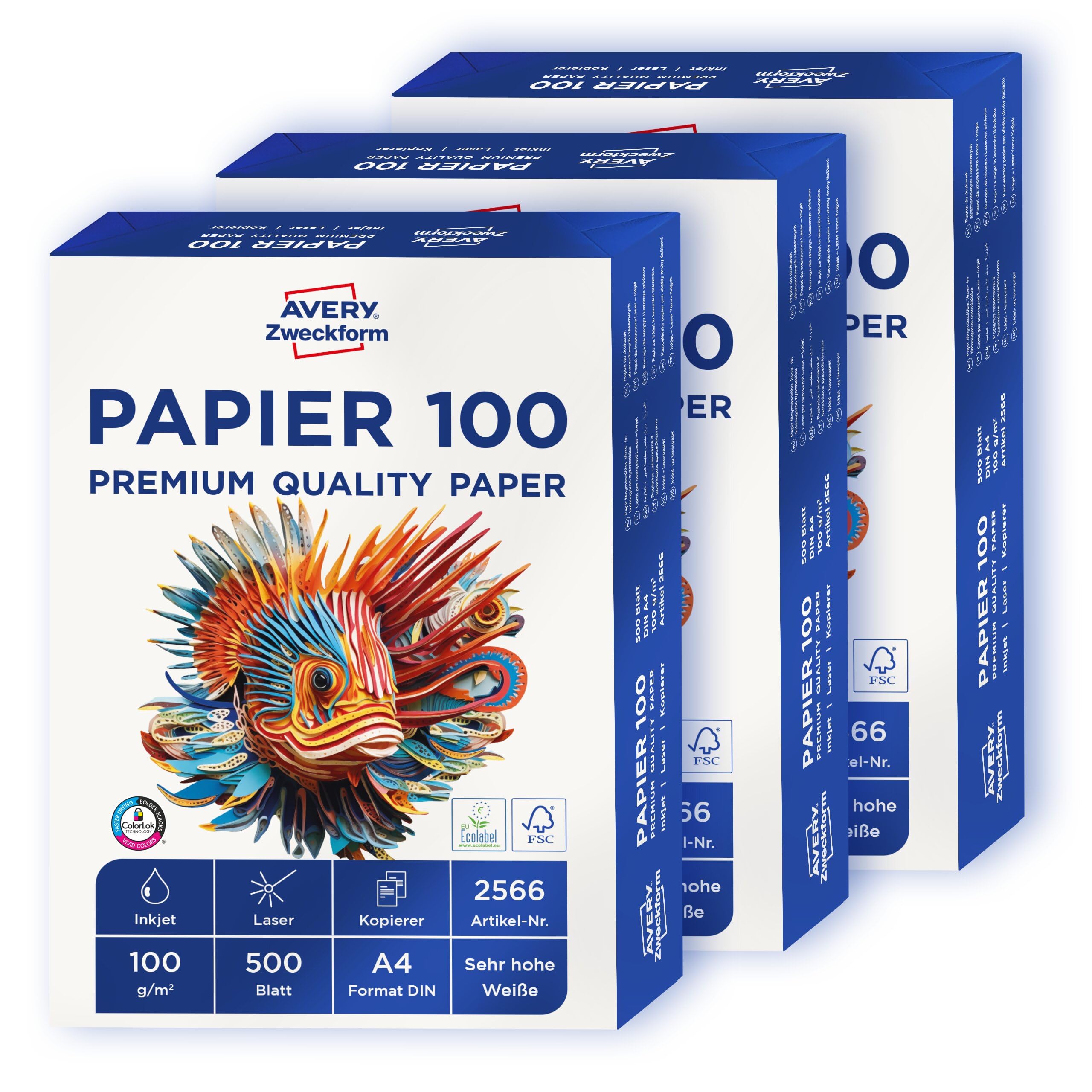 AVERY Zweckform 2566 Drucker-/Kopierpapier (1.500 Blatt, 100 g/m², DIN A4 Papier, hochweiß, für alle Drucker) 1 Box mit 3 Pack