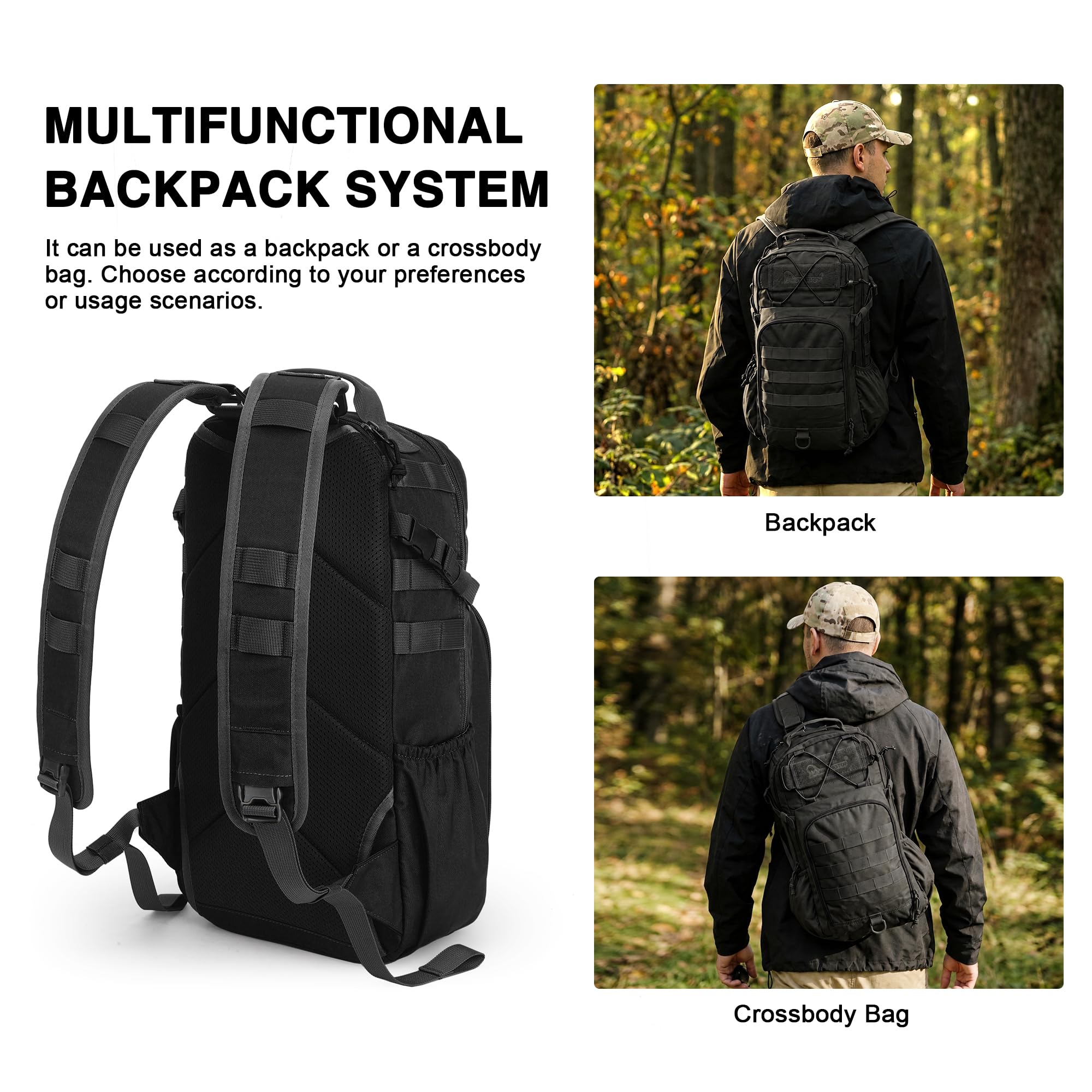 Mardingtop Zaino tattico da uomo da 25 l, piccolo con spallacci rimovibili, con sistema MOLLE, sistema di trasporto 3 in 1, per campeggio, lavoro, escursionismo