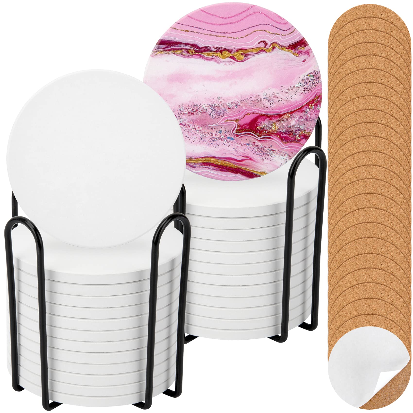 Colovis24 Pack Ceramic Tiles for Crafts Coasters with 2 Holder,White Unglazed Ceramic Tiles with Cork Backing Pads, Use with Alcohol Ink or Acrylic Pouring Make Your Own DIY Coasters (Round)