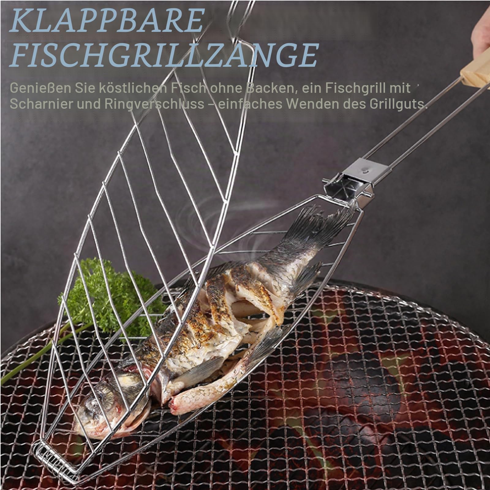 3 Stück Fisch Grillhalter mit Holzgriff, 63x12cm Große Fischbräter Fischgriller mit Griff aus Metall, Grillfisch Rack Fischgrillzange Fischkorb für Grill und BBQ