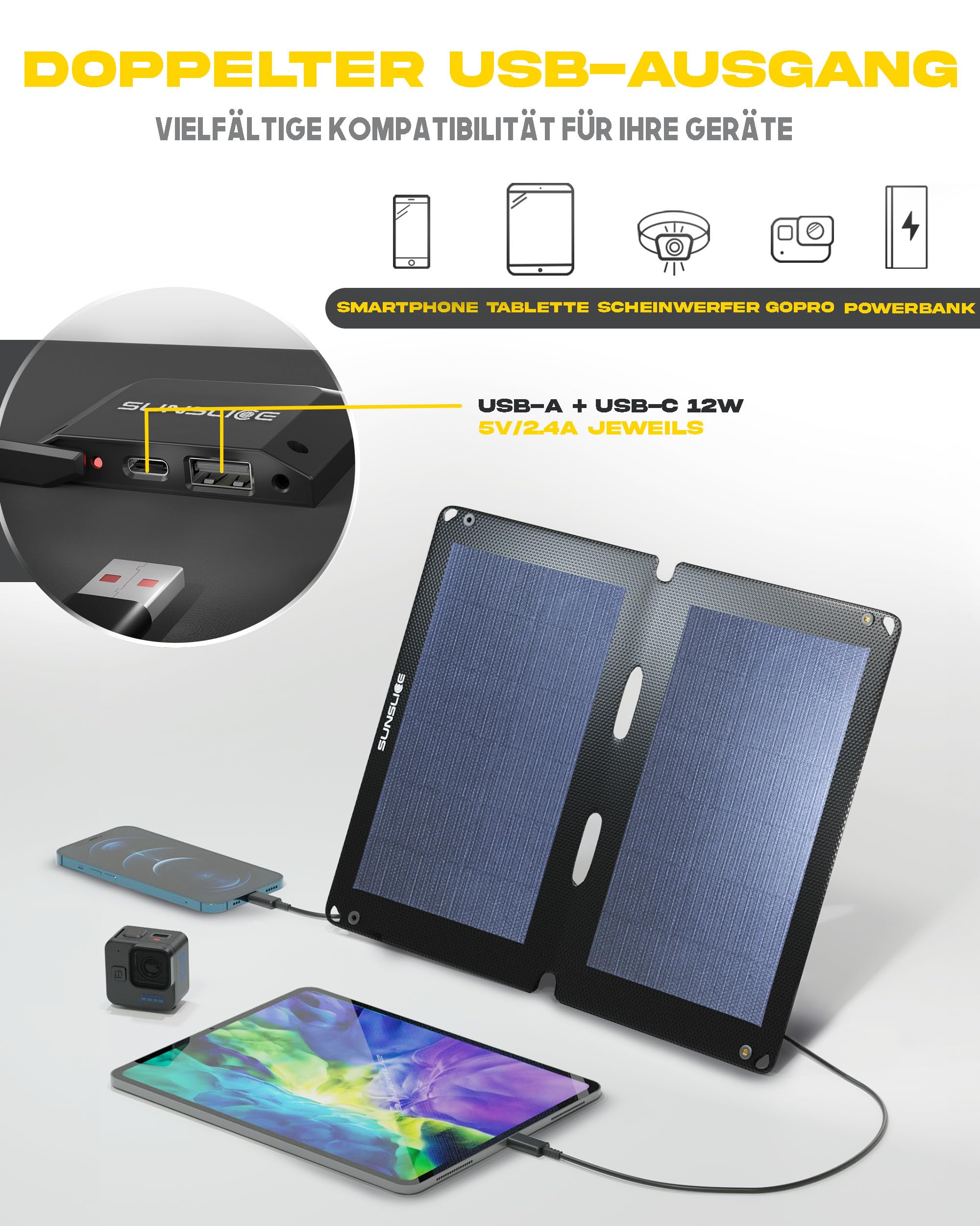 Solar Charger Outdoor, Solarmodul flexibel, Solaranlage Camping, Solar Charger wasserdicht mit leistungsstarker 12W Ladekapazität, 2 x USB Anschluss, Black