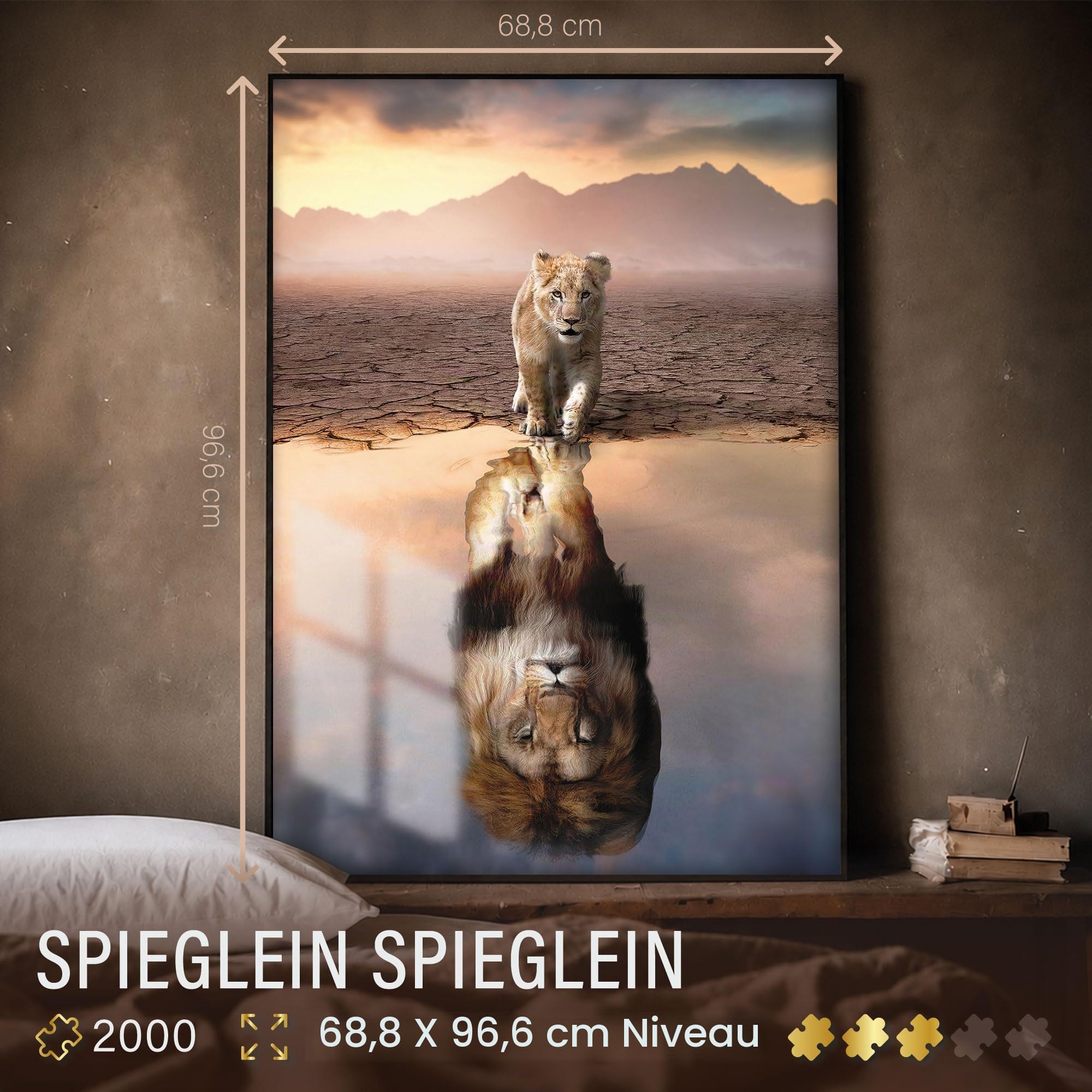 Ulmer Puzzleschmiede - Puzzle "Miroir, Miroir", 2000 pièces, puzzle avec un personnage créatif d'animal, le petit lion avec une grande confiance en soi