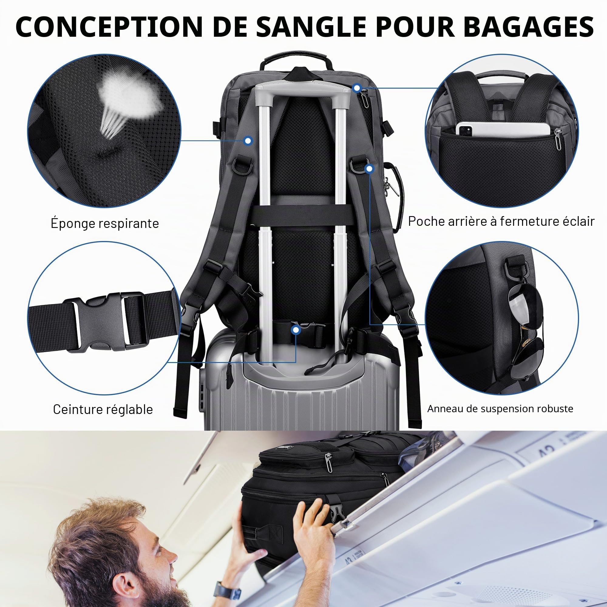 WITZMAN Sac à Dos de Voyage Homme 45L Convertible 3-en-1 PC 17 Pouces