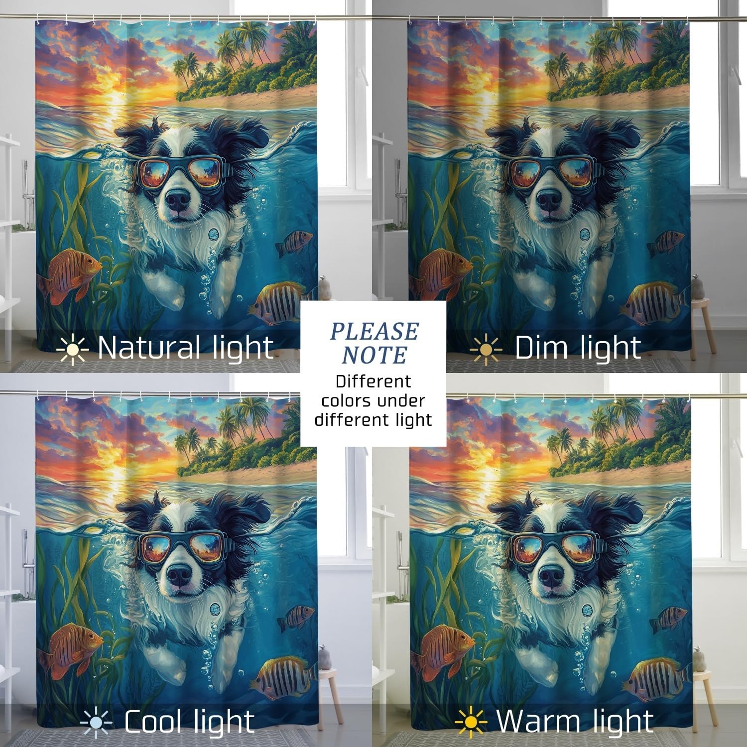 Border Collie Hunde-Duschvorhang-Set, lustiger Küstenstrand, Ozean, Haustier-Badezimmer-Dekoration, Bad-Polyestergewebe, dekorativ, 137 x 198 cm