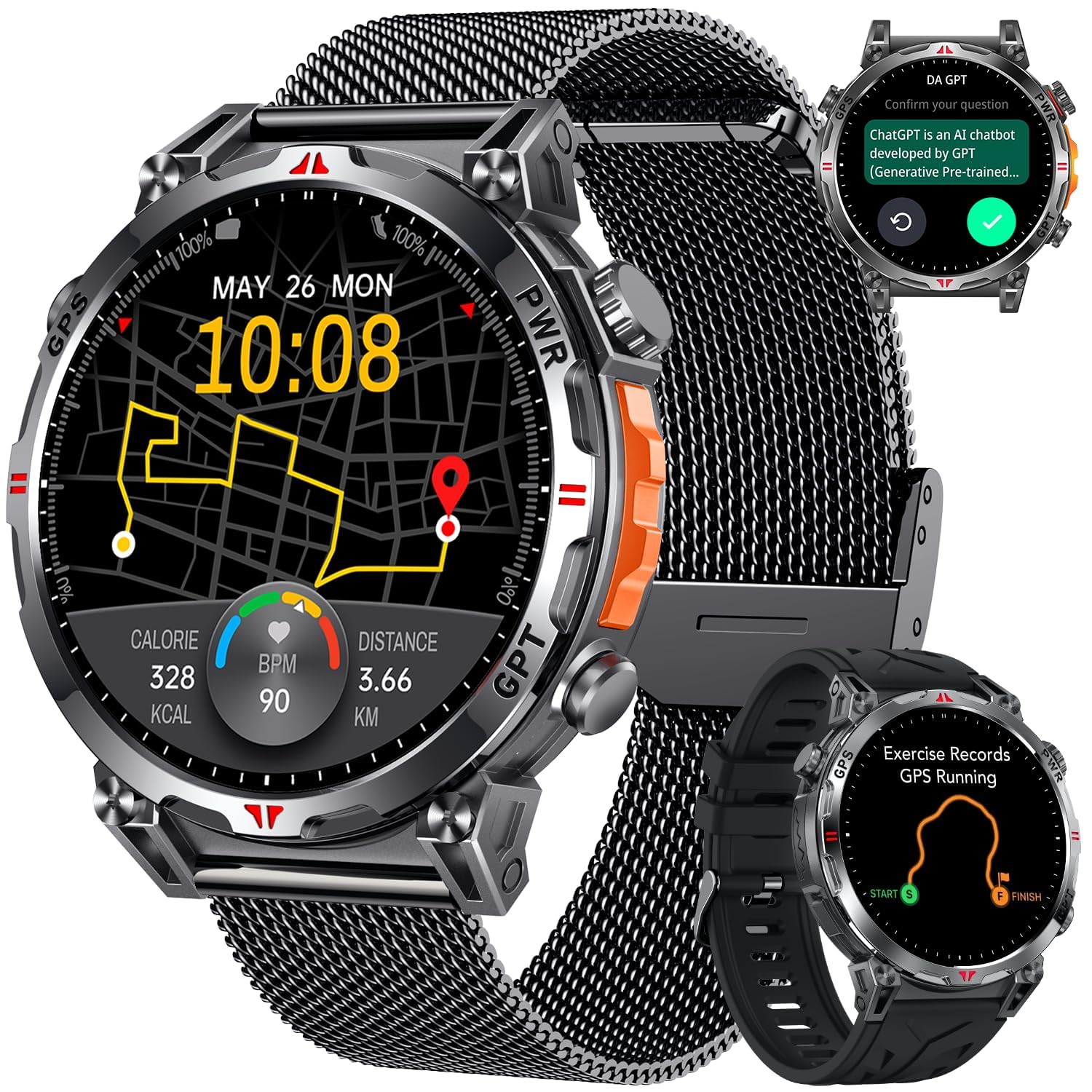 Montre Connectée Homme GPS Smartwatch - Boussole Assistant GPT AI Baromètre Altimètre Appel Bluetooth Cadran AI 650mAh Batterie 3ATM Étanche 1.70" AMOELD 120+ Modes Sportifs Santé pour Android iOS