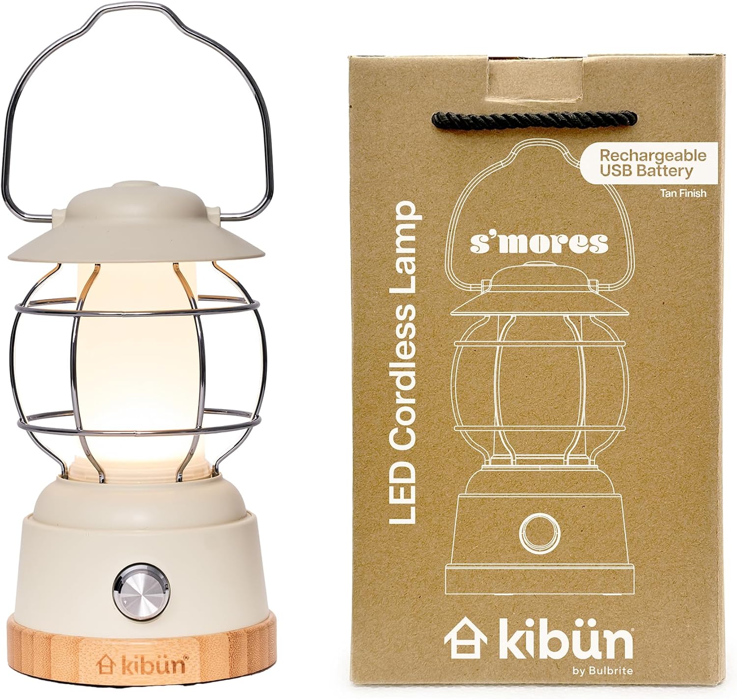 Bulbrite K80102 Kibun Smores Cordless LED Outdoor Table Lamp with Dimmer, Built-in Rechargeable Battery, 3-Level Brightness with Power Bank, Tan