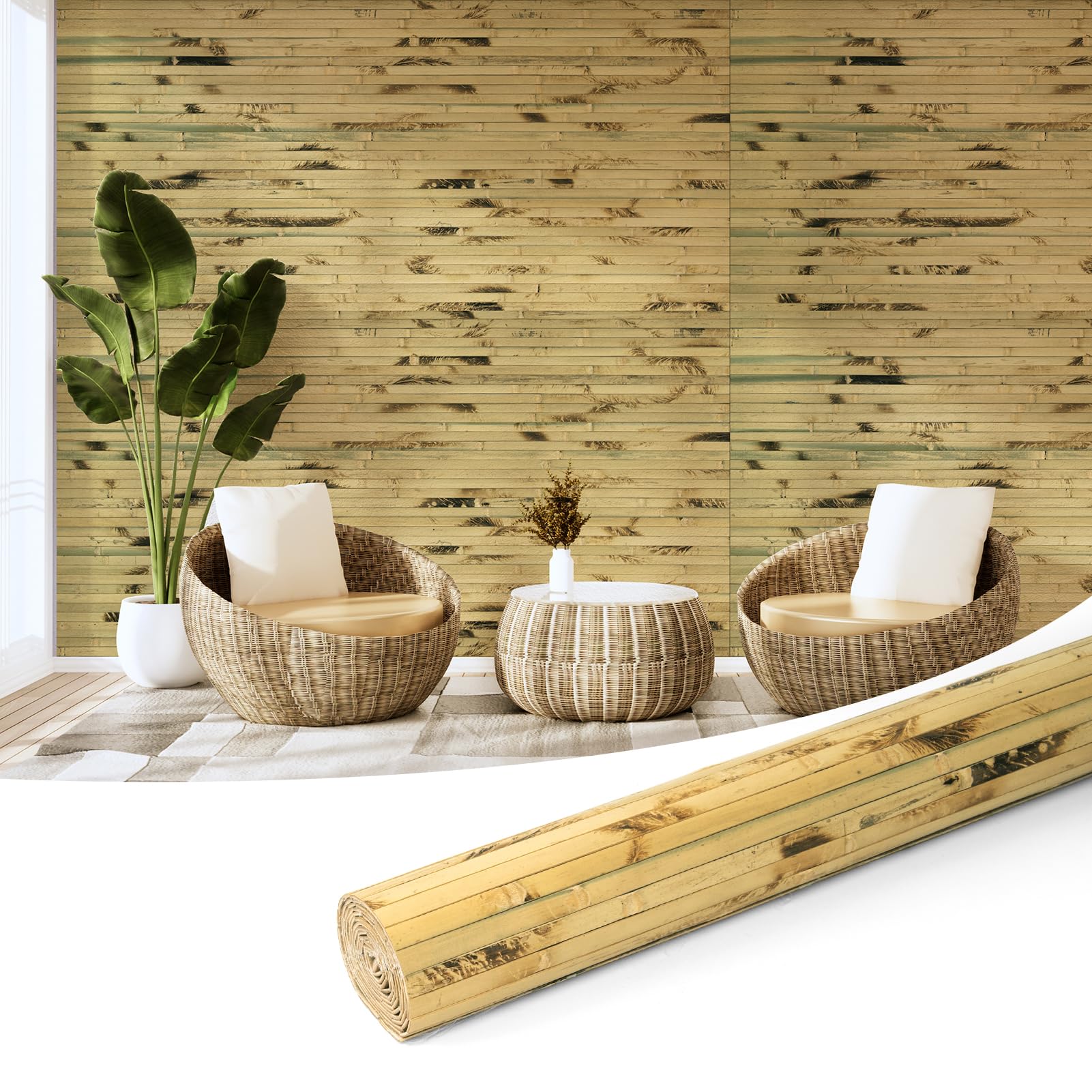 Art3d 48 x 96 in Pole Wrap Natural Bamboo Wall Panel, 1-Pack, Light Burned