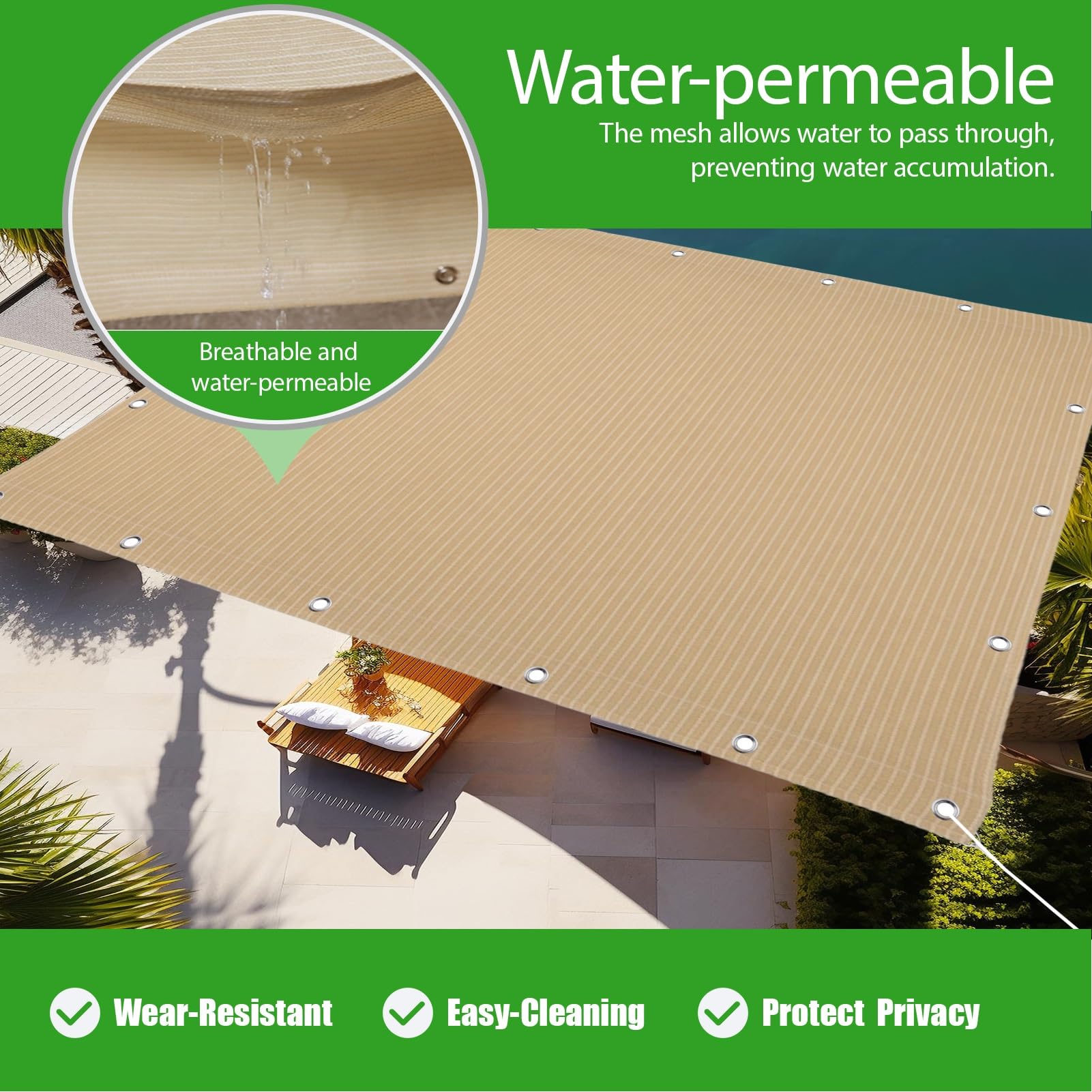 Żagiel Przeciwsłoneczny HDPE Prostokątny 220 x 340 cm Oddychający HDPE Oddychający Oczka Ze Stali Nierdzewnej Dla Patio, Dziedzińca I Basenu, Beżowy