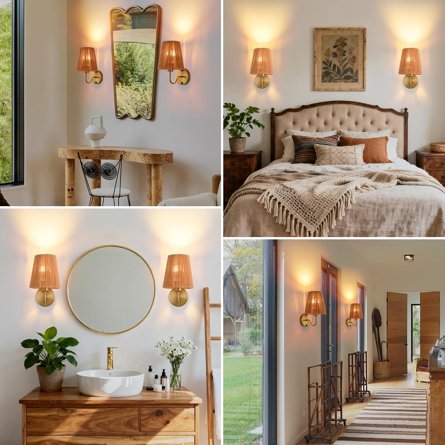 Boho Battery Operated Wall Sconces Set of 2, Gold Rattan Shade Wireless Wall Lights with Remote Rechargeable Bulbs, 15 Colors and Dimmable, Cordless Battery Powered Wall Lamp for Living Room Bedroom